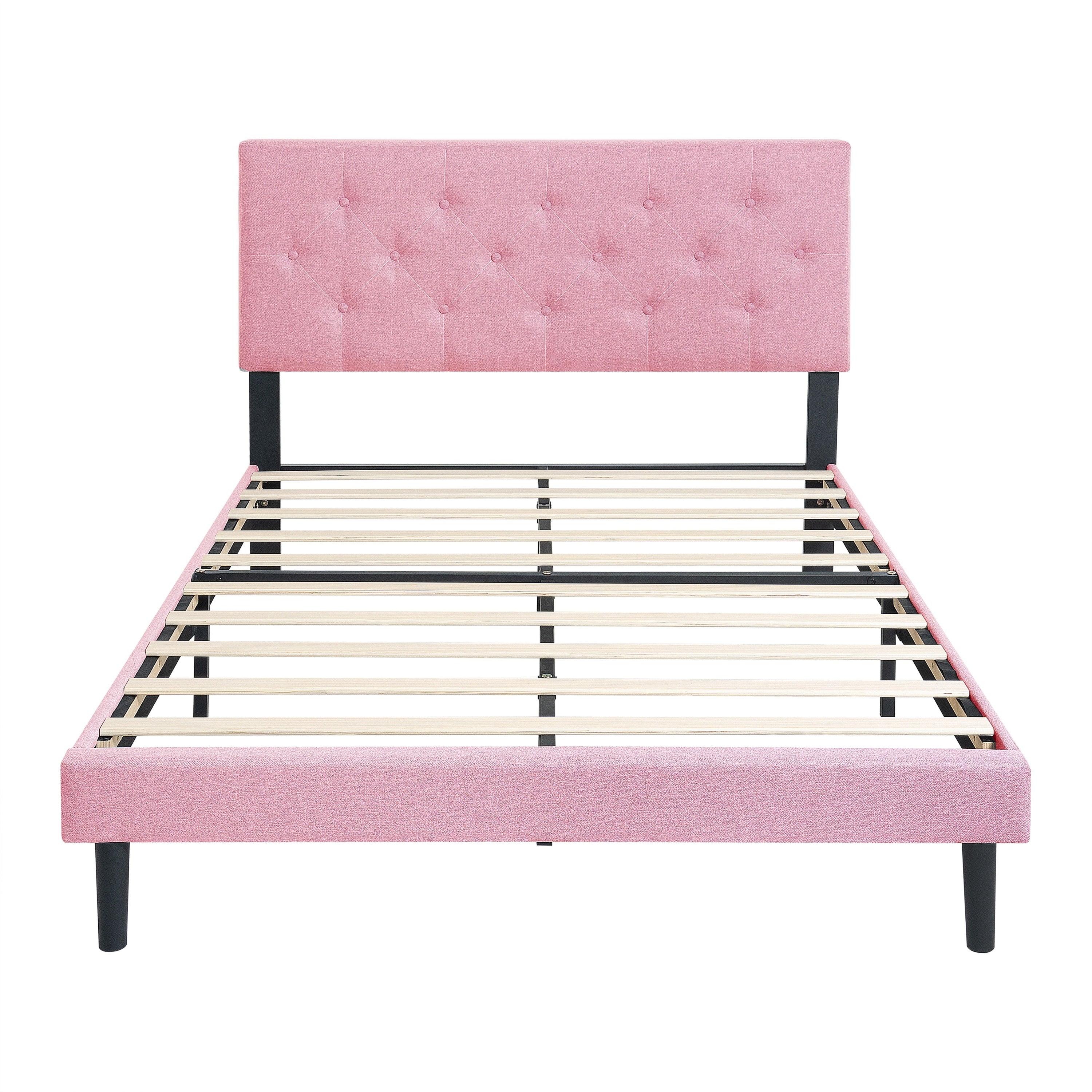 Modern Upholstered Queen Size Platform Bed Frame with Button Tufted Linen Headboard, Pink, Easy Assembly
