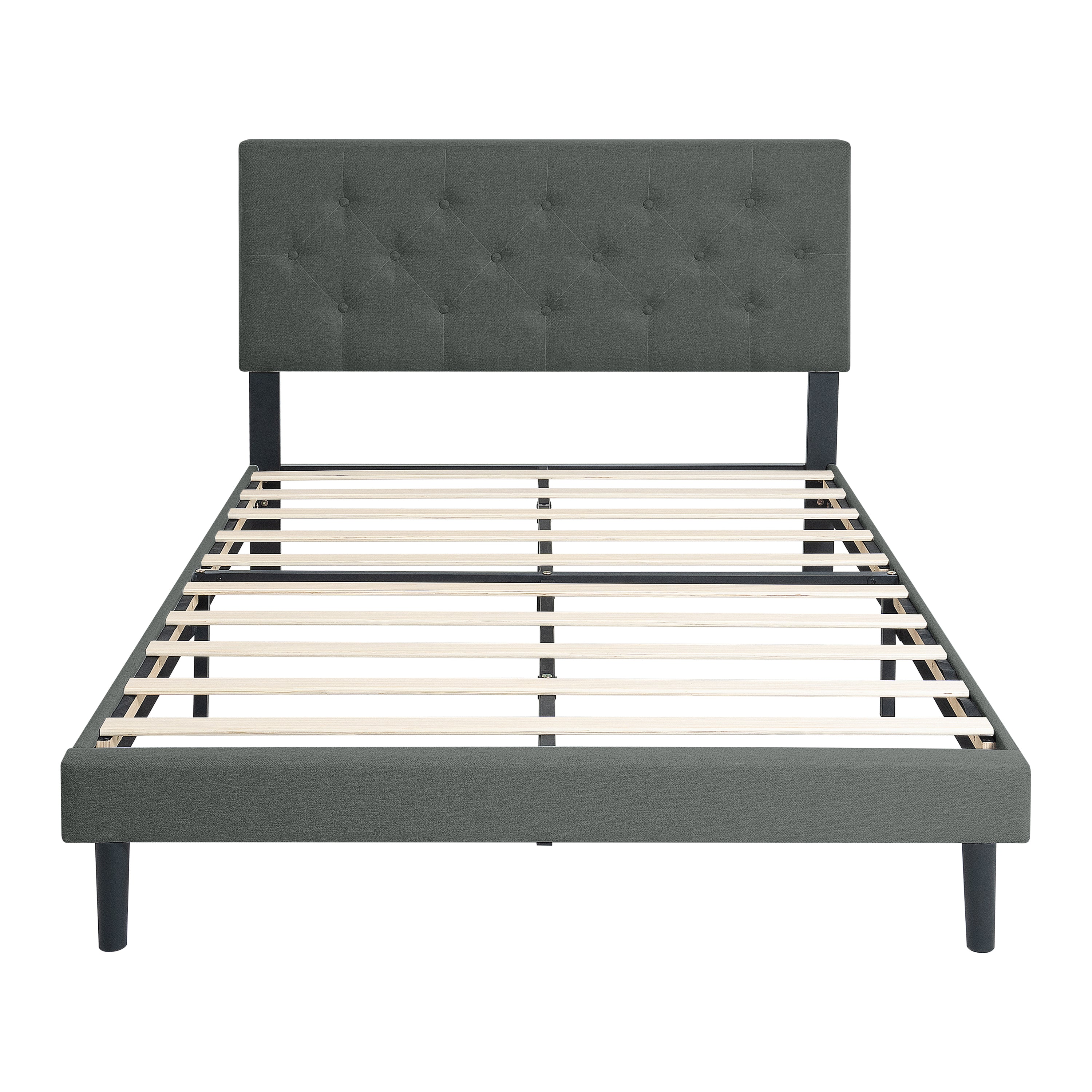 Queen Size Upholstered Platform Bed Frame with Modern Button Tufted Linen Fabric Headboard, Wood Slat Support, Dark Grey, 81.89 x 62.20 x 41.73 inches
