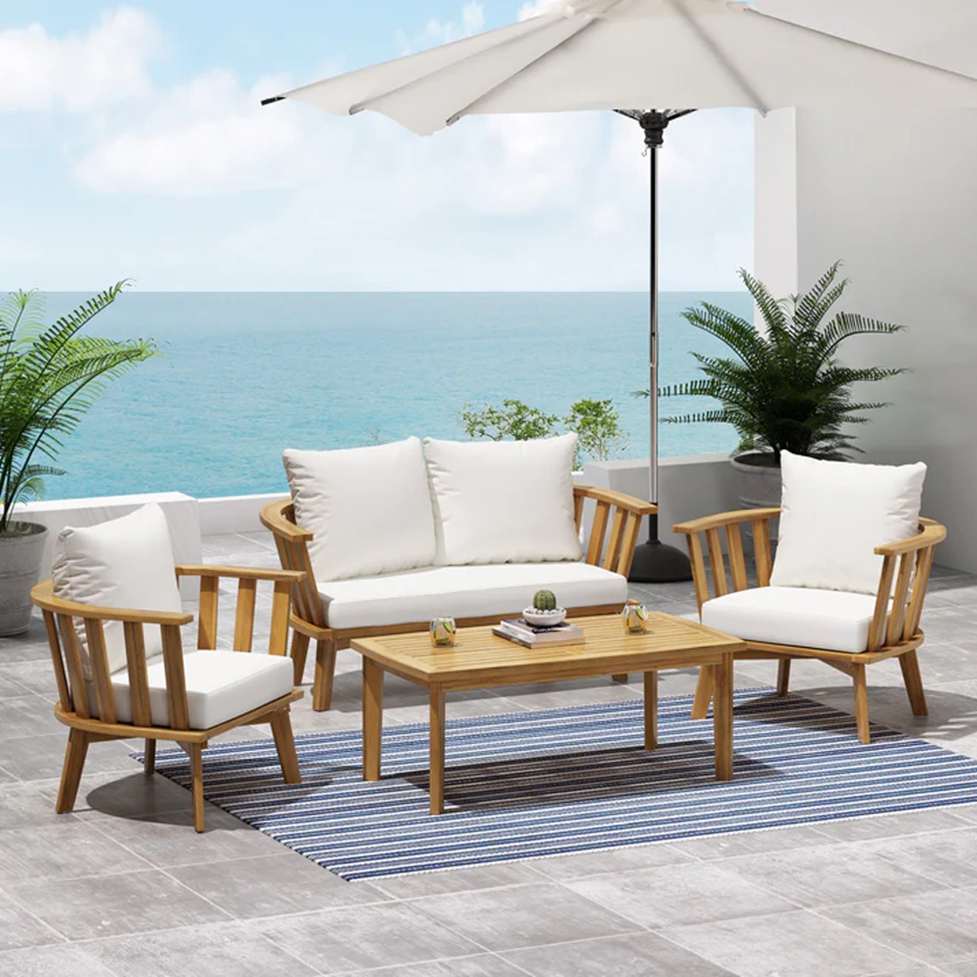 4-Pieces Acacia Wood Patio Furniture Set, Outdoor Furniture with Coffee Table, Patio Conversation Set Deep Seating with Soft Cushion, Porch Chairs for Backyard Porch Balcony, Teak Finish, White