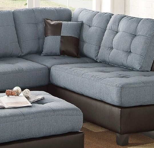 3pc Contemporary Sectional Grey Linen Like Fabric Cushion Tufted Reversible
