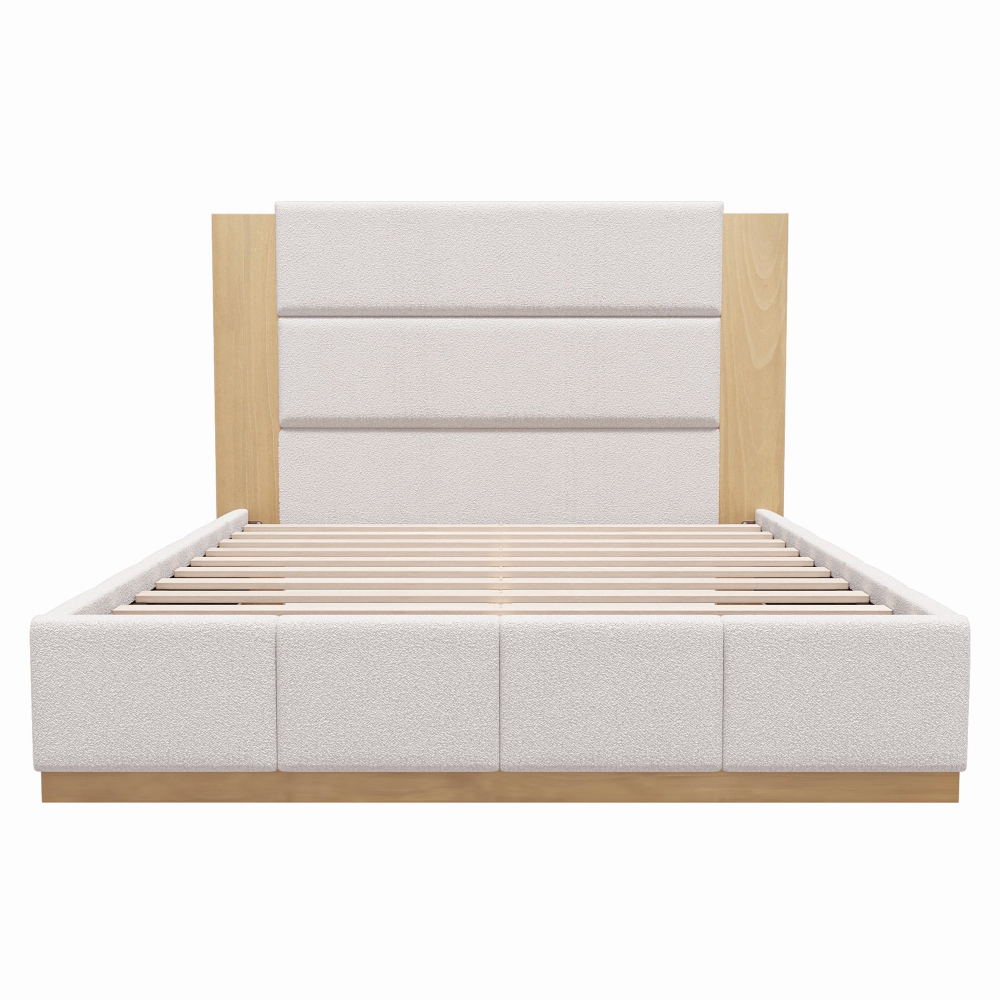 Modern Upholstered Platform Bed Frame with Extended Wood Headboard, White Boucle, Queen Size, Wood Base, No Box Spring Needed