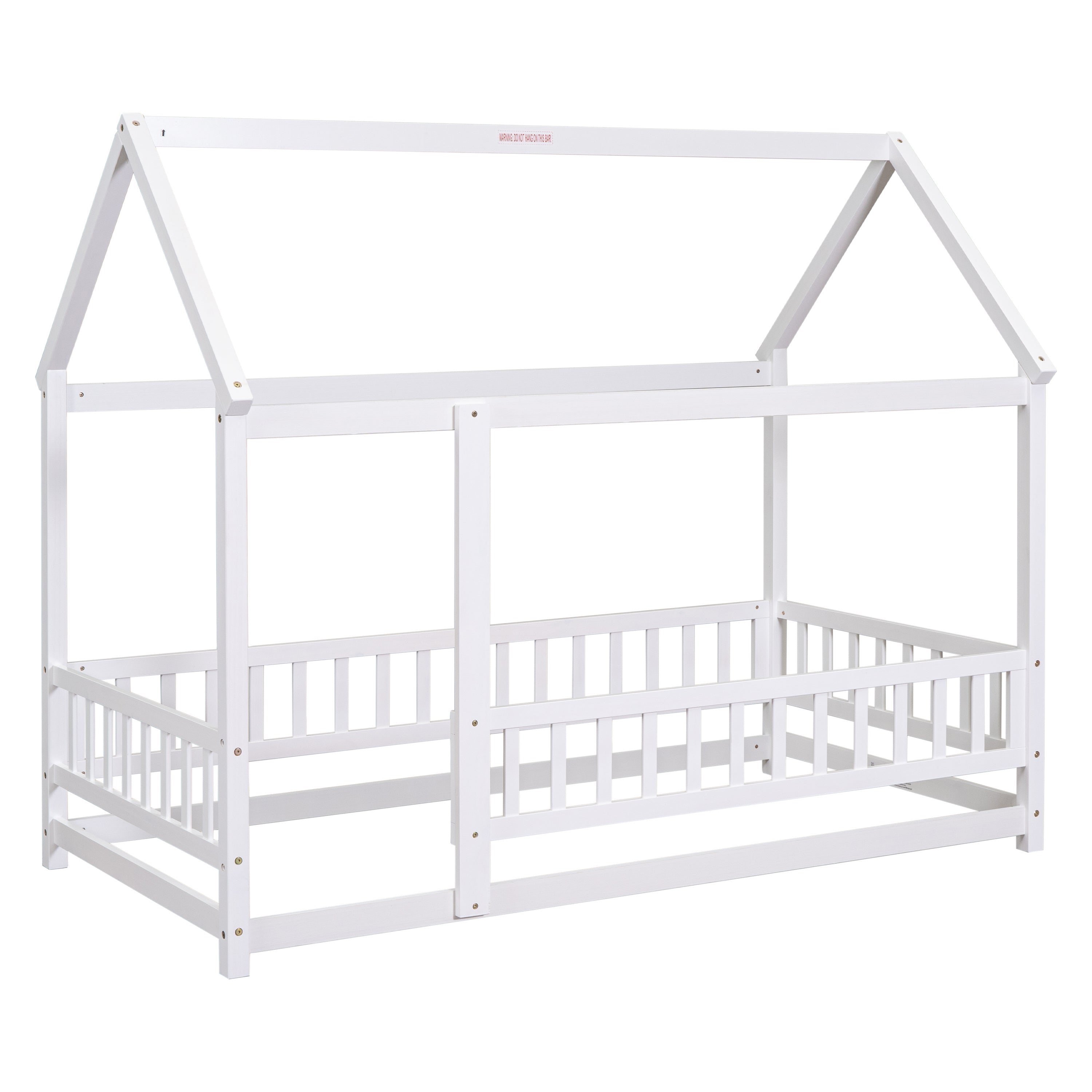 Twin Size Floor Wooden Bed with House Roof Frame, Fence Guardrails,White
