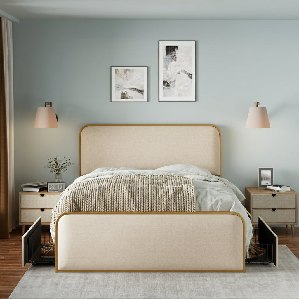 Gold Modern Metal Bed Frame with Curved Upholstered Headboard and Footboard Bed with 4 Storage Drawers, Heavy Duty Metal Slats, Queen Size, Beige