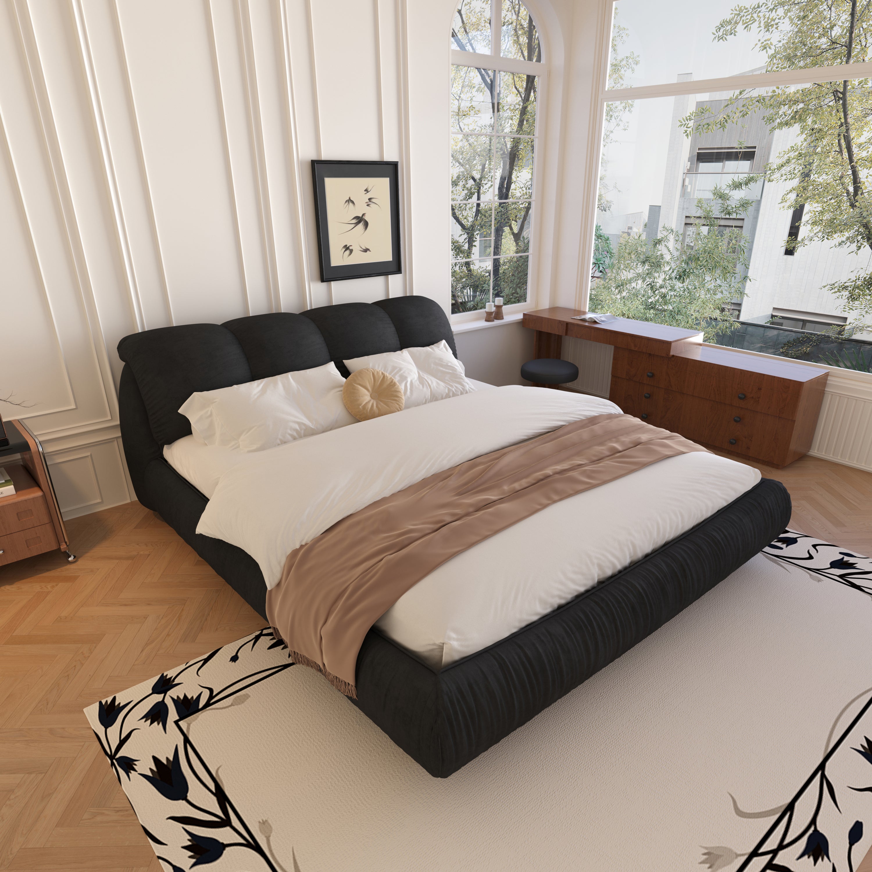 Queen Size Luxury Upholstered Platform Bed with Oversized Padded Backrest and Solid Wood Frame,suitable for Multiple heights of mattresses,Black(Old Sku:W1885S00016)