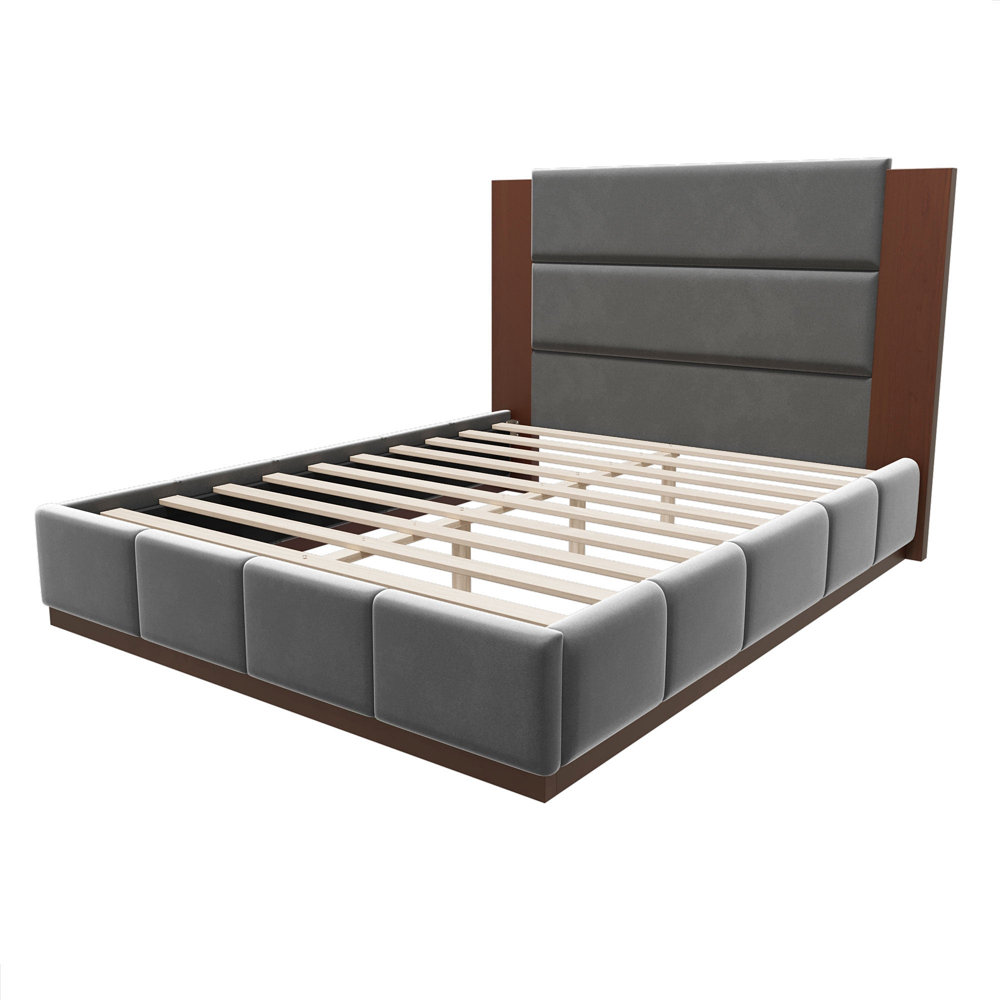 Modern Upholstered Platform Bed Frame with Extended Wood Headboard, Grey Velvet, Queen Size, Wood Base, No Box Spring Needed