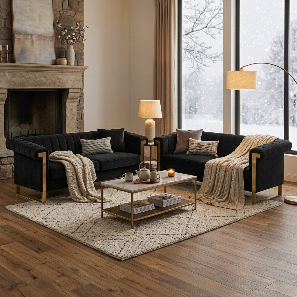 FX-P81B-BK-2PC-SOFA Black Velvet 2 Piece Sofa Set, Modern Living Room Couch Set with Gold Stainless Steel Legs, Luxury Upholstered Chesterfield Sofa with Vertical Channel Back and Comfortable Seating
