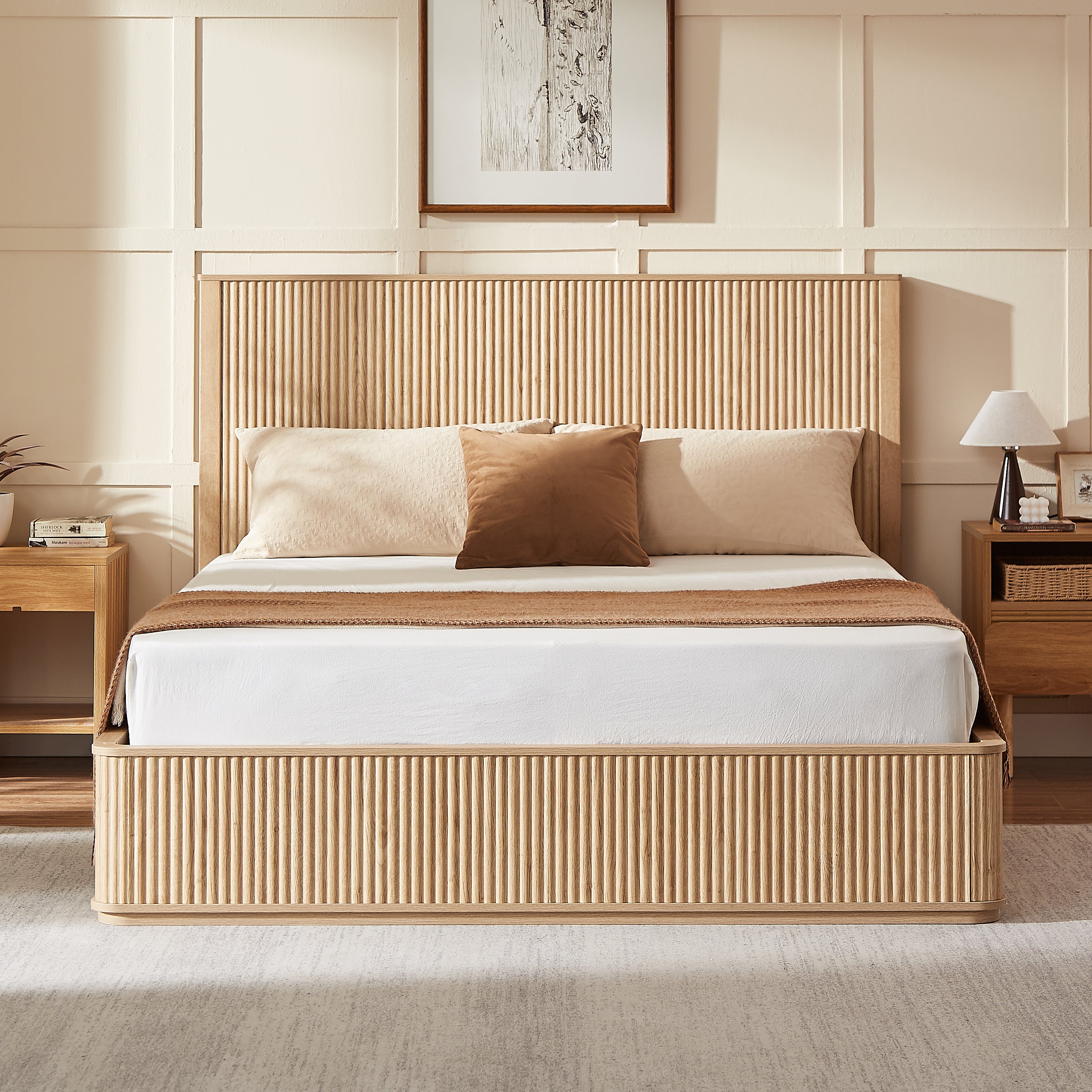 Natural oak wavy wood grain headboard platform bed frame, 44 inch high headboard large bed frame, modern minimalist style, easy assembly, no need for box springs