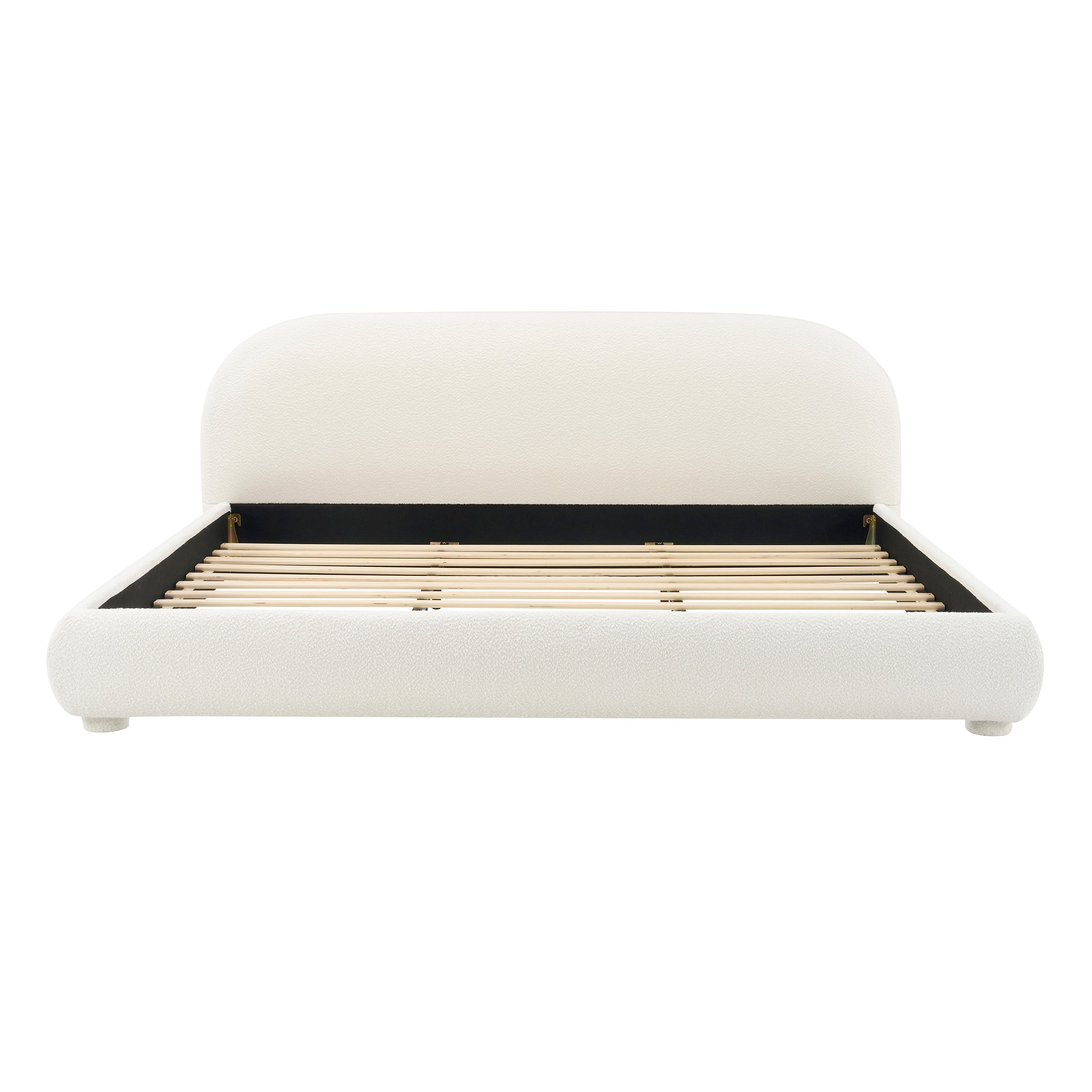 Cream Style Fabric Upholstered Bed, Simple Modern Double Bed for King Size, Warm Cream Tone with Textured Fabric and Curved Headboard