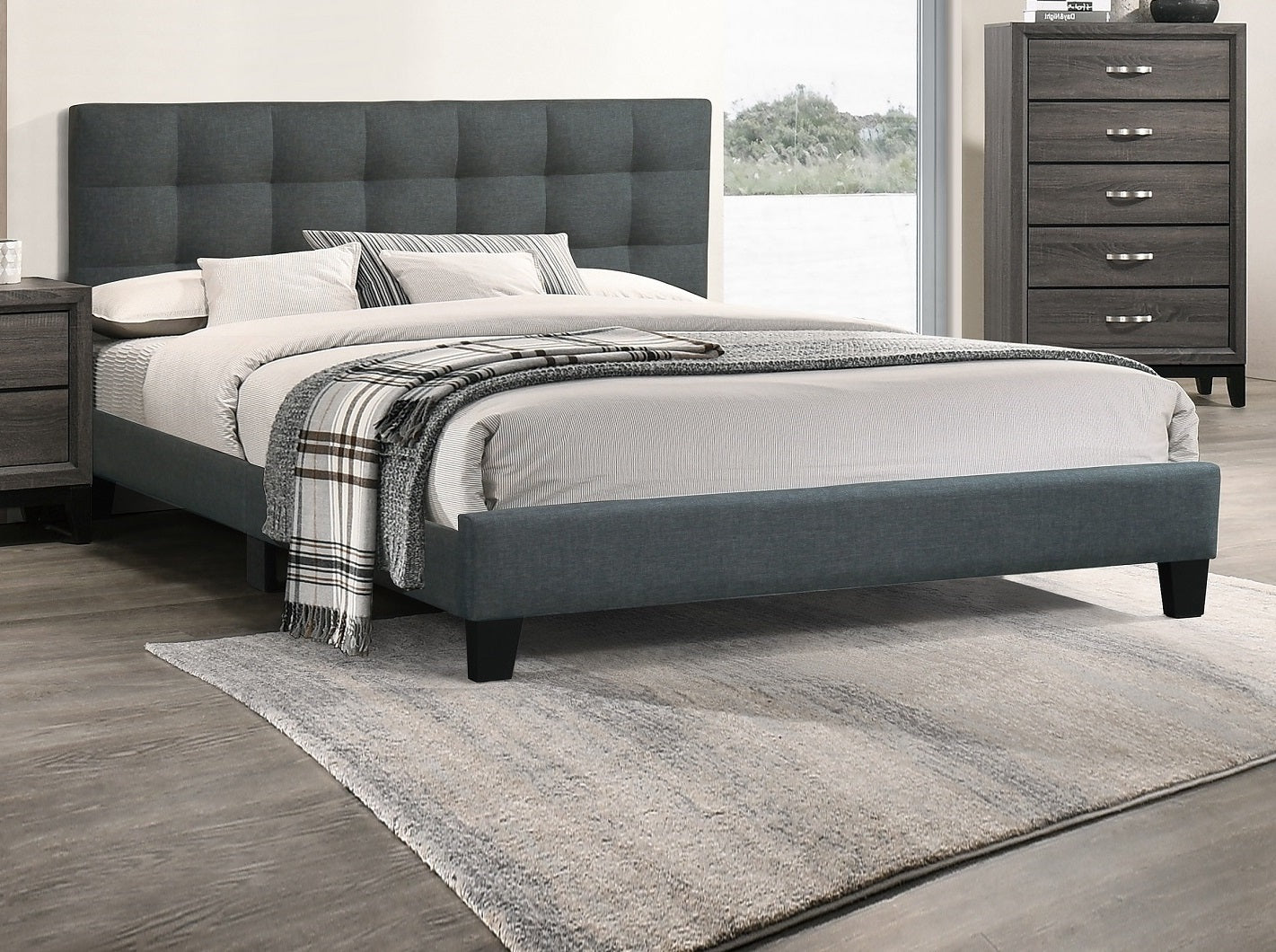 Modern 1pc Queen Size Bed Charcoal Polyfiber Tufted Headboard Platform Bedframe Bedroom Furniture