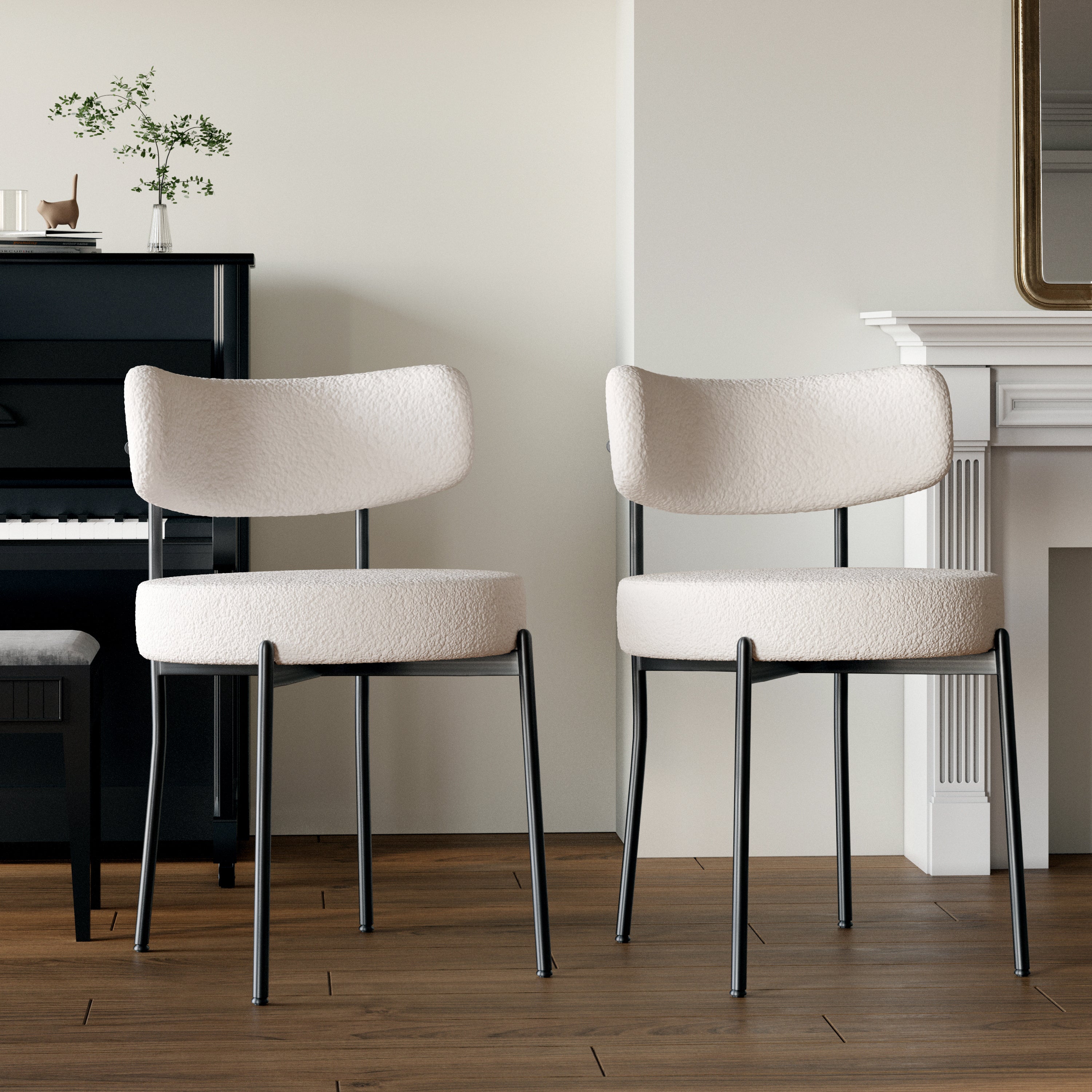 Mid-Century Modern White Dining Chair Set of 2 with Curved Backrest and Black Metal Legs