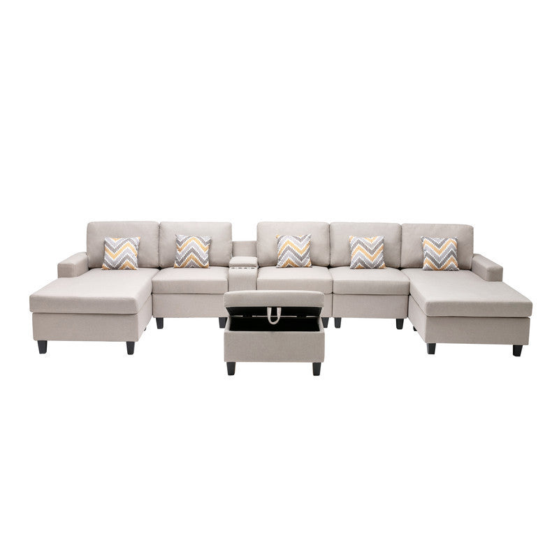 Nolan Beige Linen Fabric 7Pc Double Chaise Sectional Sofa with Interchangeable Legs, Storage Ottoman, Pillows, and a USB, Charging Ports, Cupholders, Storage Console Table