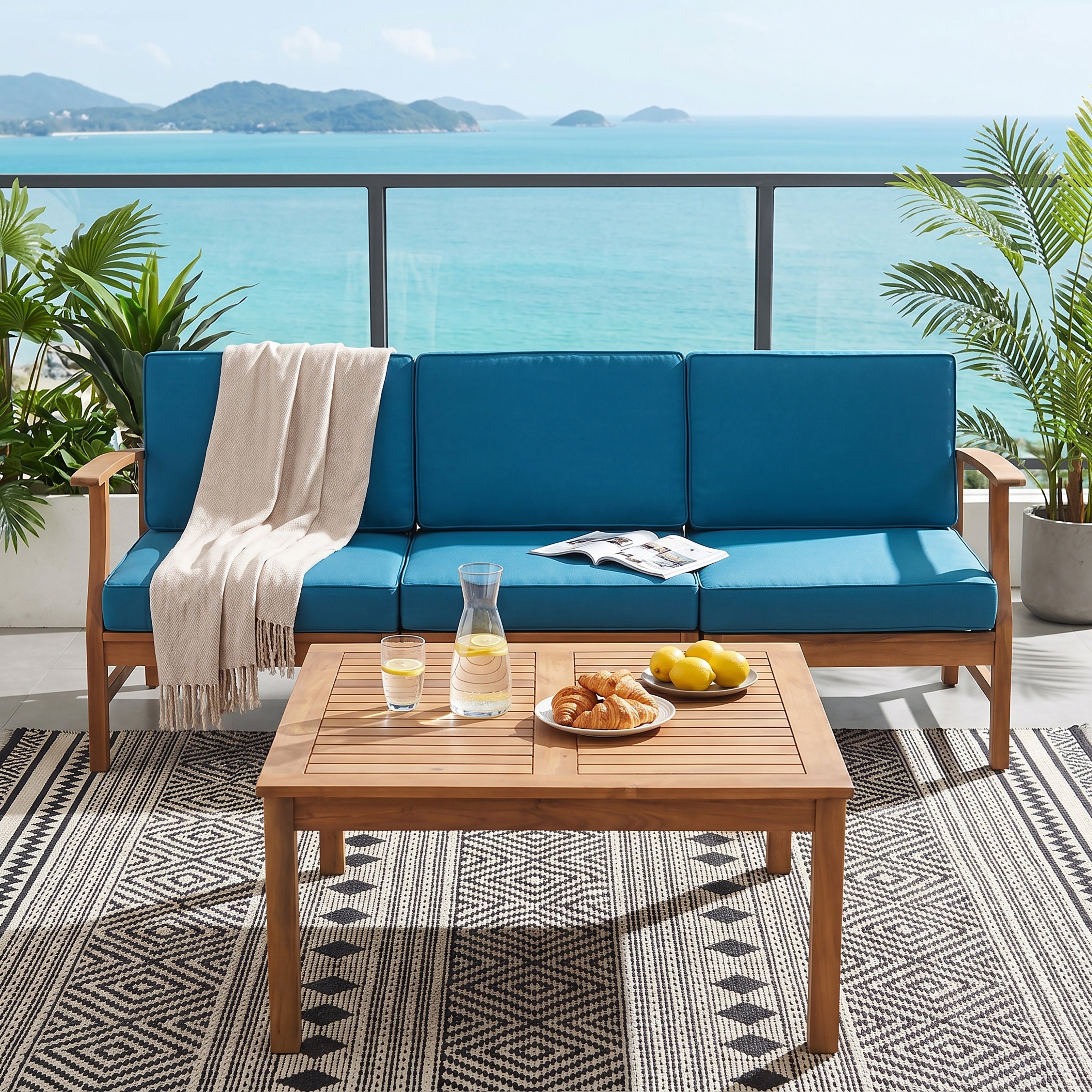 PERLA 3 SEATER SOFA AND TABLE SET, BLUE
