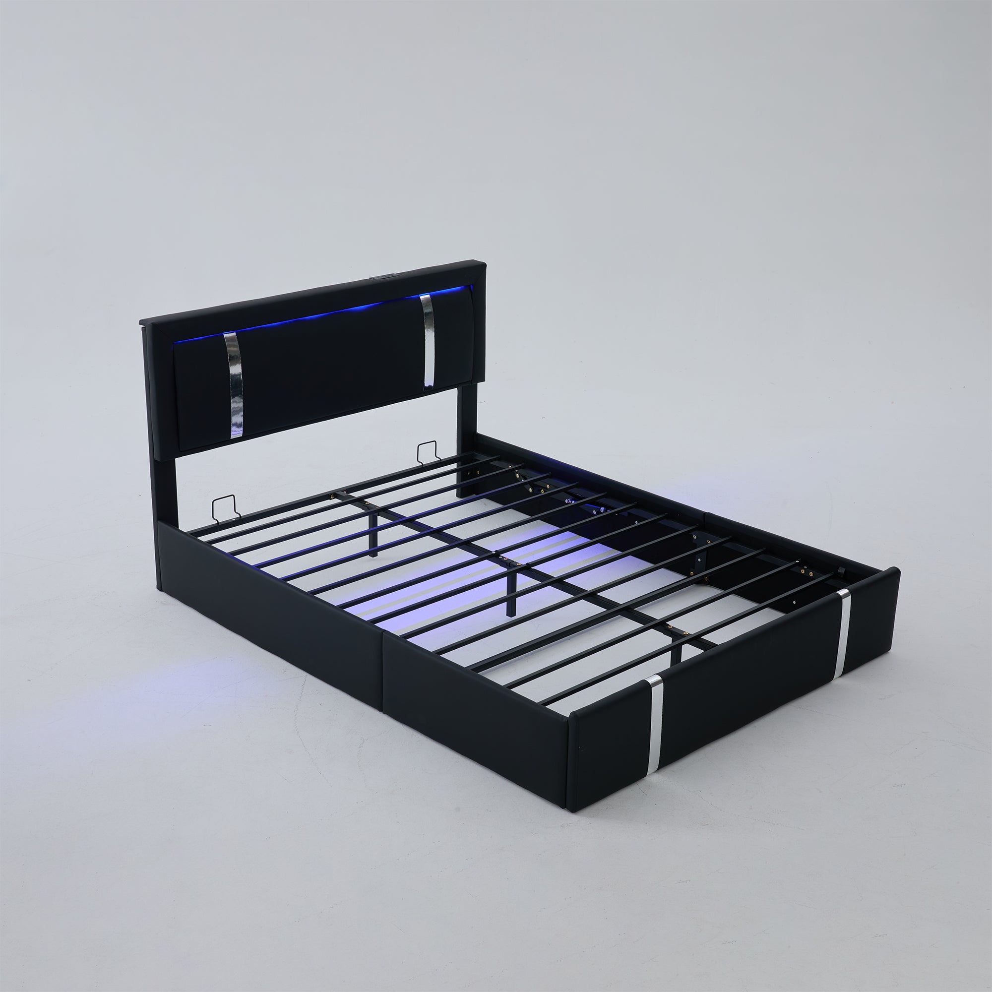 Modern Queen Bed Frame with Adjustable LED Headboard, USB-C Charging, Hydraulic Support, Faux Leather Upholstered Platform Bed in Black