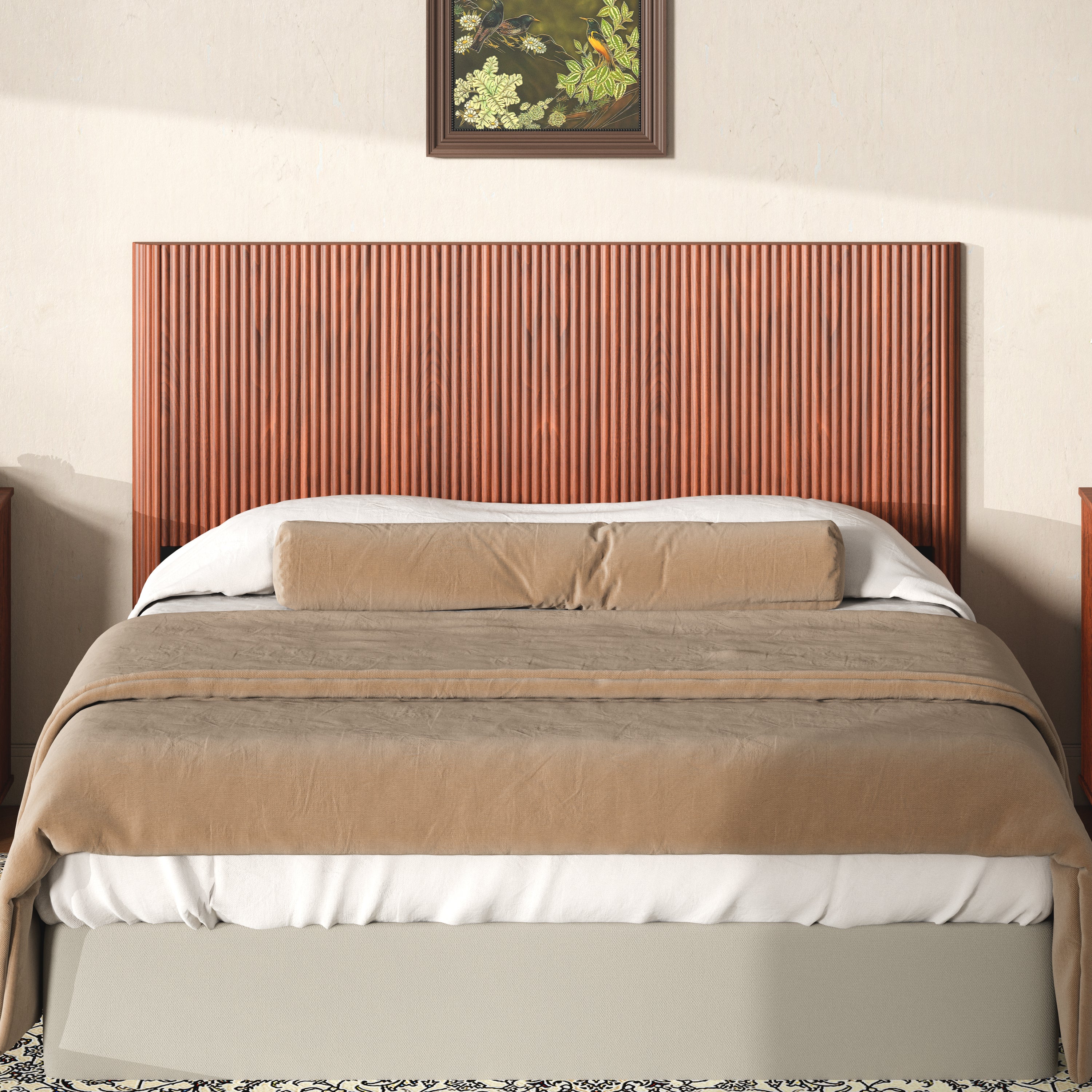 Modern Wooden Headboard with Arched Corrugated, Fits Queen Size Beds, Vertical Grain Design, Farmhouse & Vintage Style, Easy Assembly, Walnut.