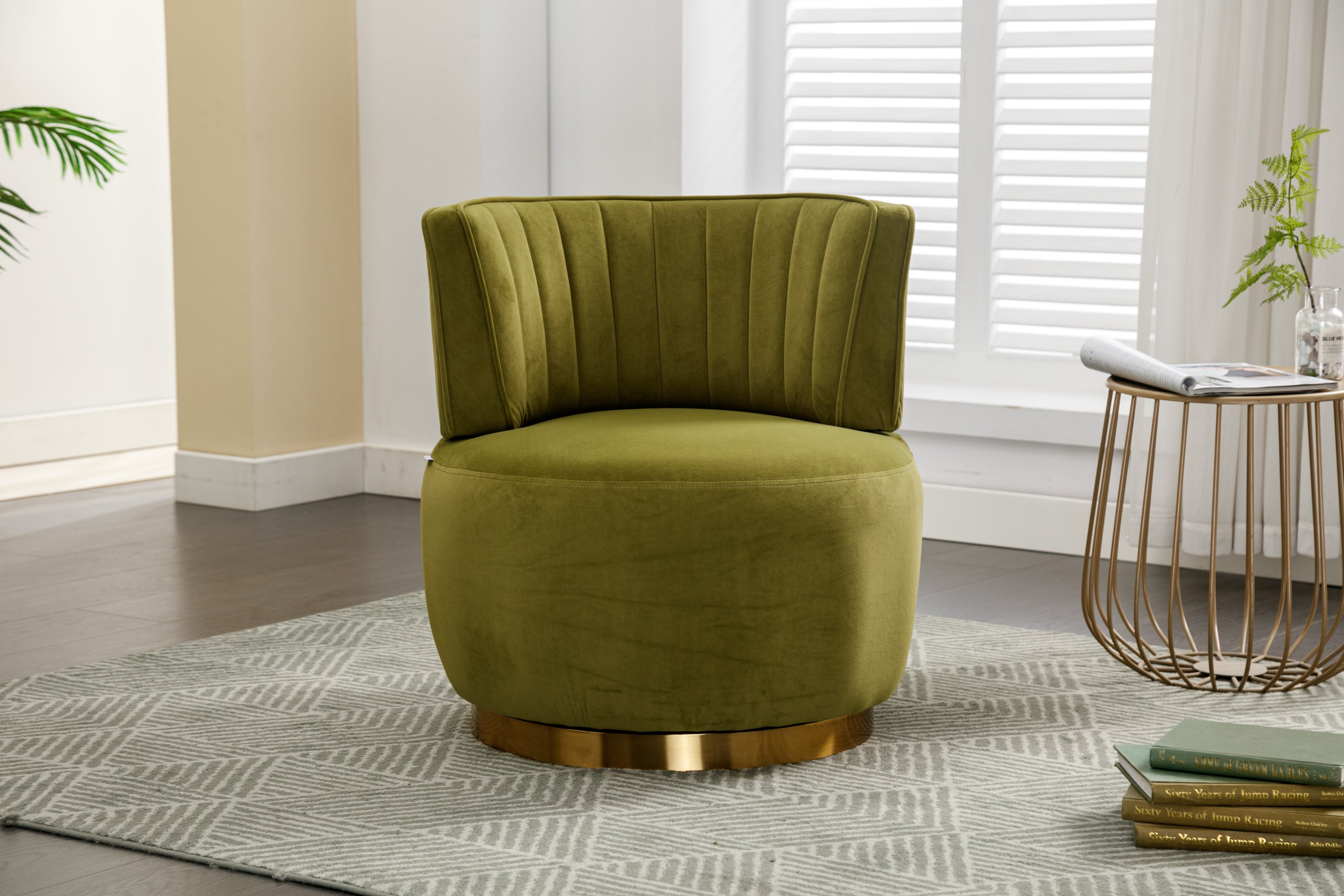 Swivel Barrel Chair, Round Armchairs with Wide Upholstered, Fluffy Velvet Fabric, Olive, 25.20'' x 25.59'' x 26.38''