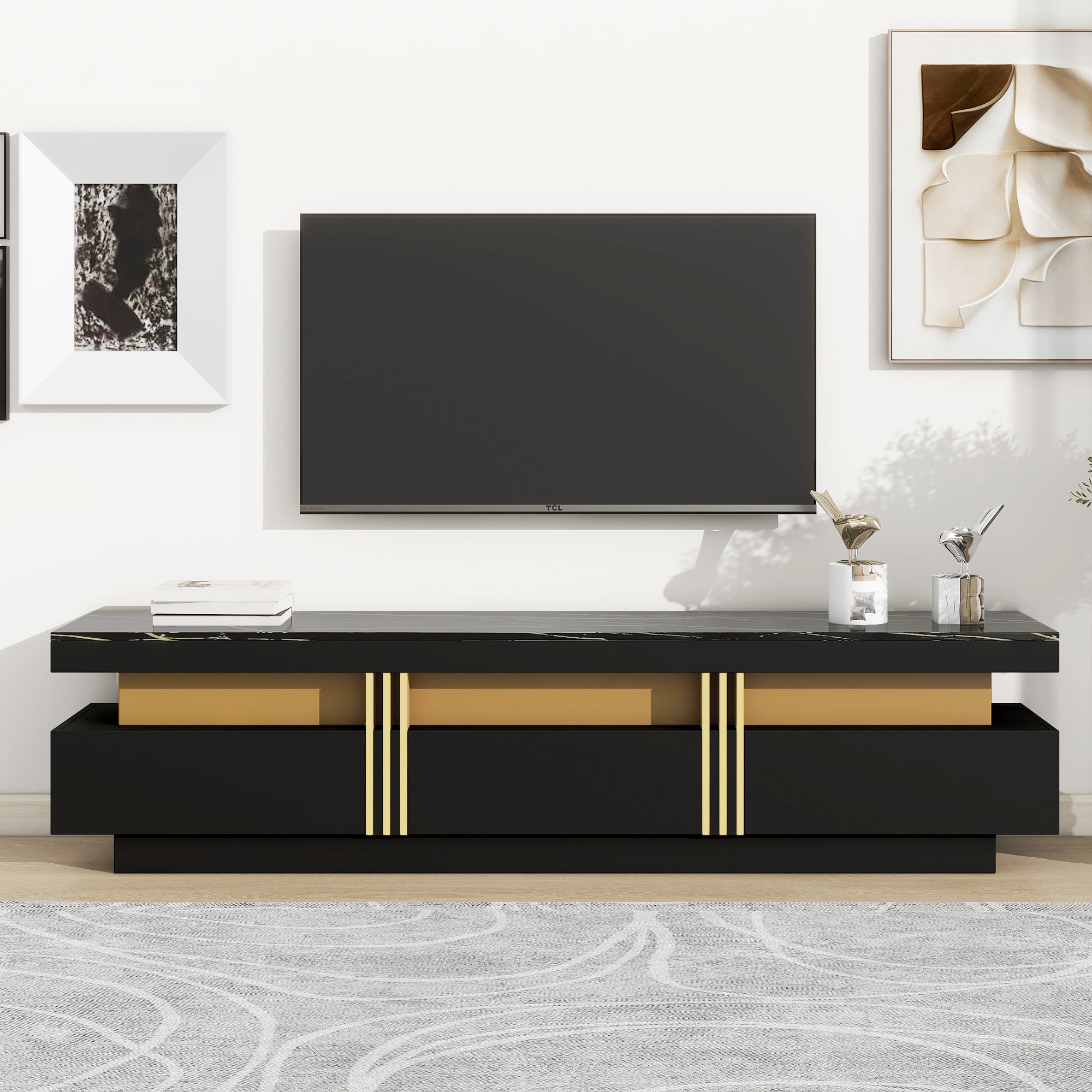 ON-TREND Luxury TV Stand with High Gloss Faux Marble Top for TVs Up to 78'', Rectangle Media Console with Golden Panel Design, Practical Entertainment Center with 3 Drawers for Living Room, Black