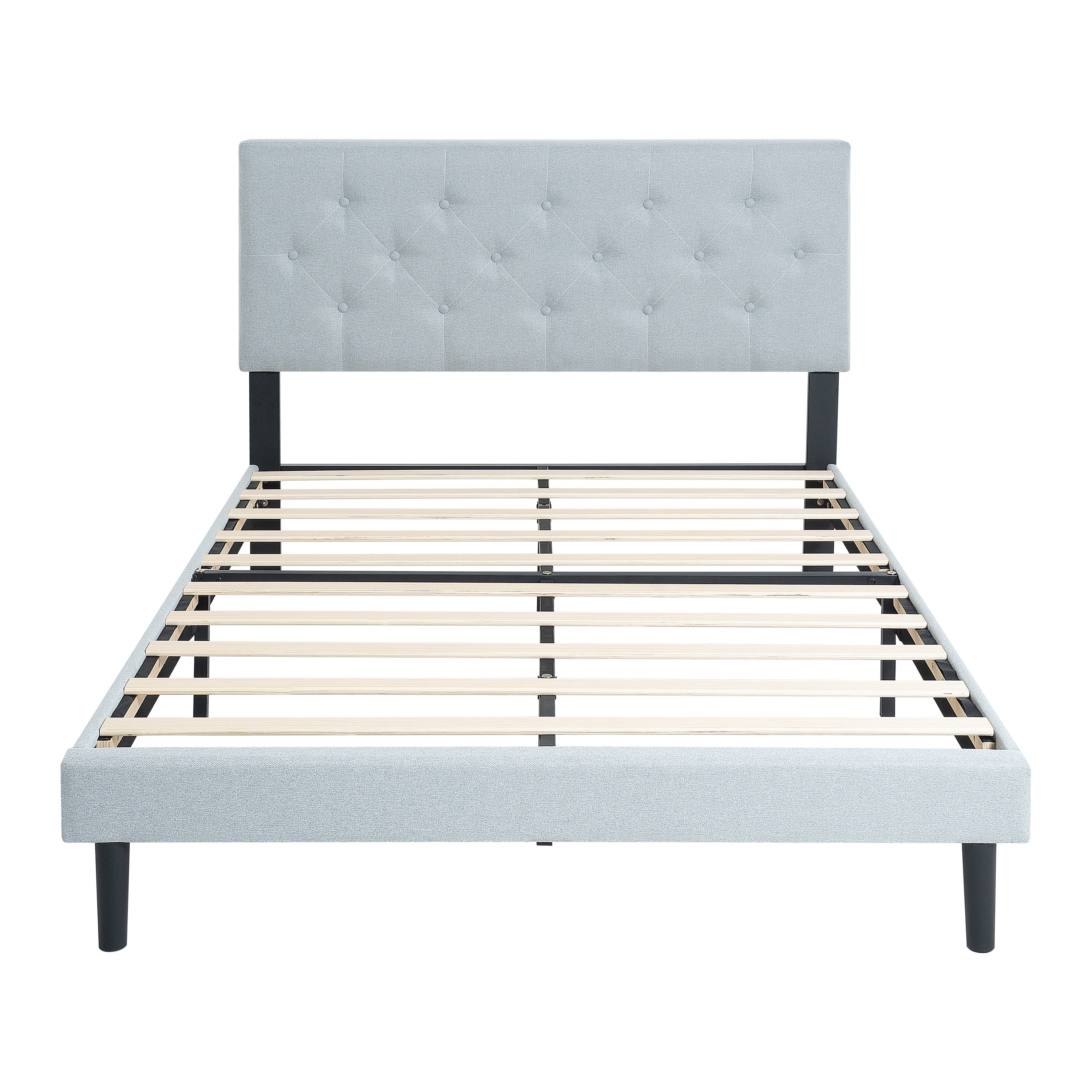 Modern Upholstered Queen Platform Bed Frame with Button Tufted Linen Headboard, Grey, Wood Slat Support