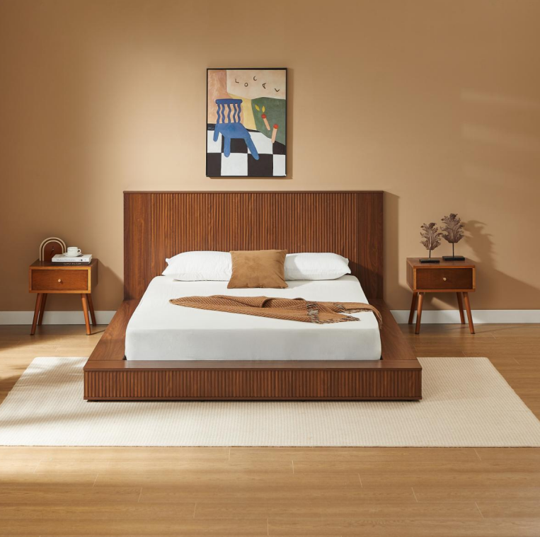 Low Profile Walnut Solid Wood Platform Bed Frame, Vertical Fluted Panel Headboard & Footboard, Modern Japandi Floor Bed Frame, No Box Spring Required, Sturdy Bedroom Bed Frame for Guest & Mast(
Queen)