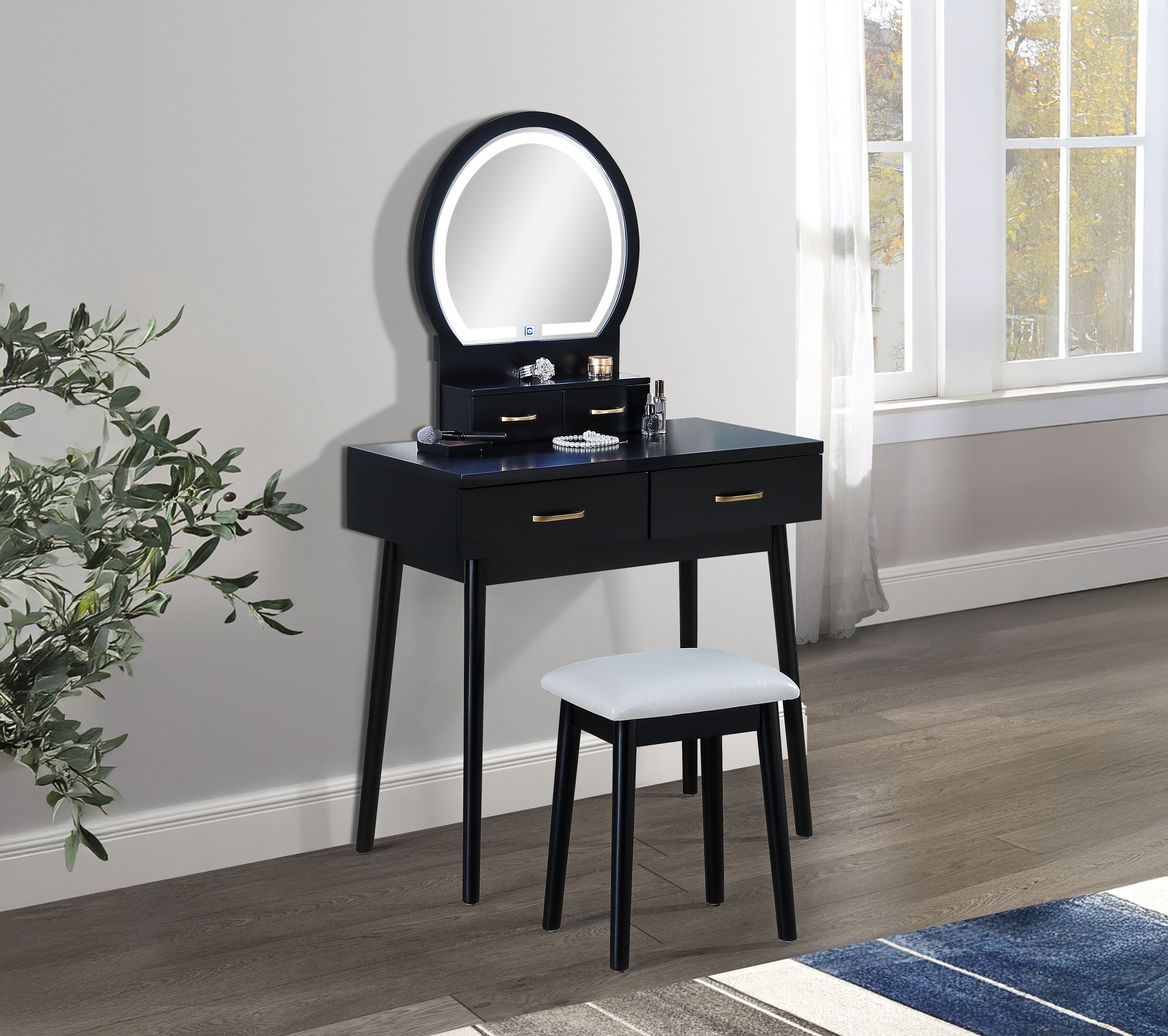 Cecilia Black Vanity Table with Lighted Mirror and Stool