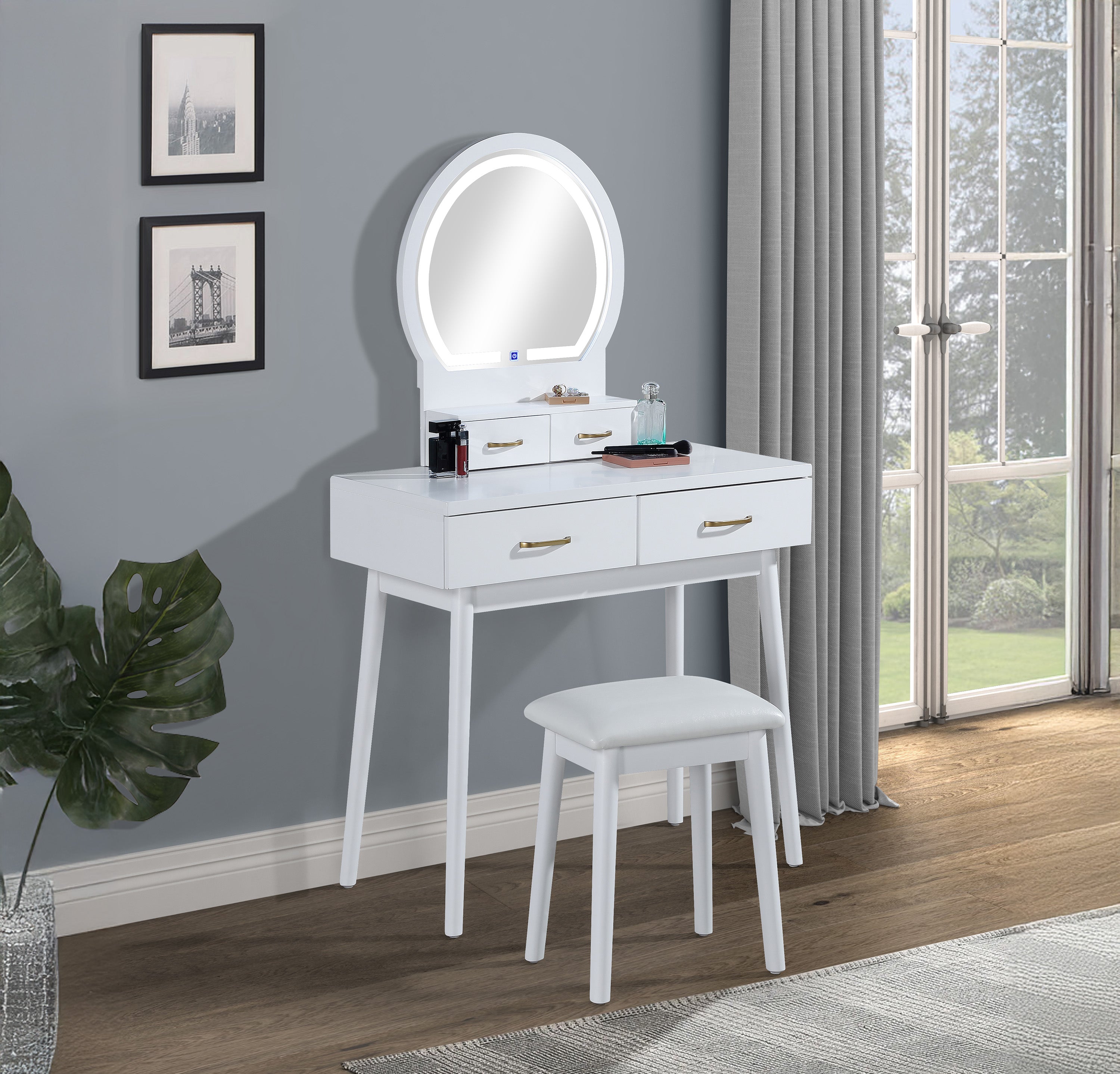 Cecilia White Vanity Table with Lighted Mirror and Stool