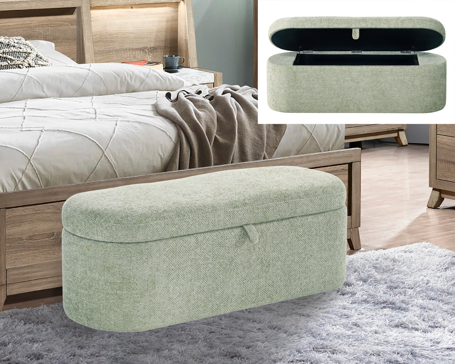 Philipa Light Green Tweed Upholstered Storage Bench