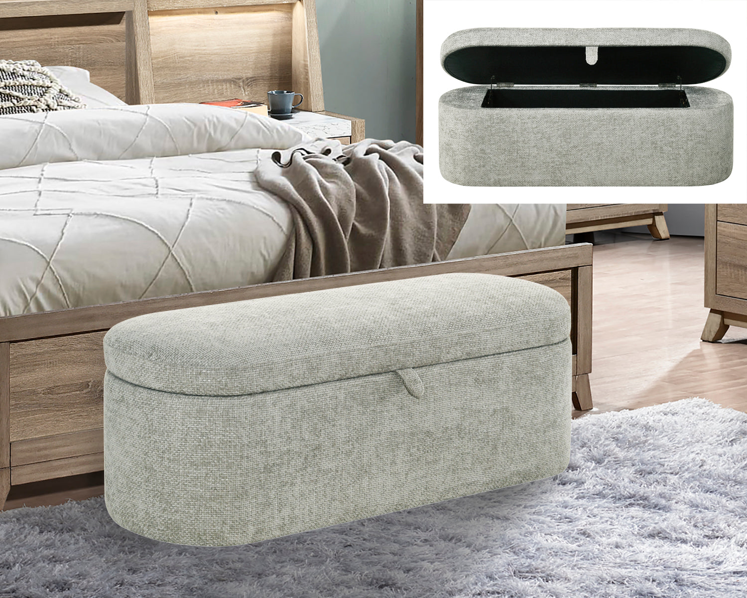 Philipa Light Gray Tweed Upholstered Storage Bench