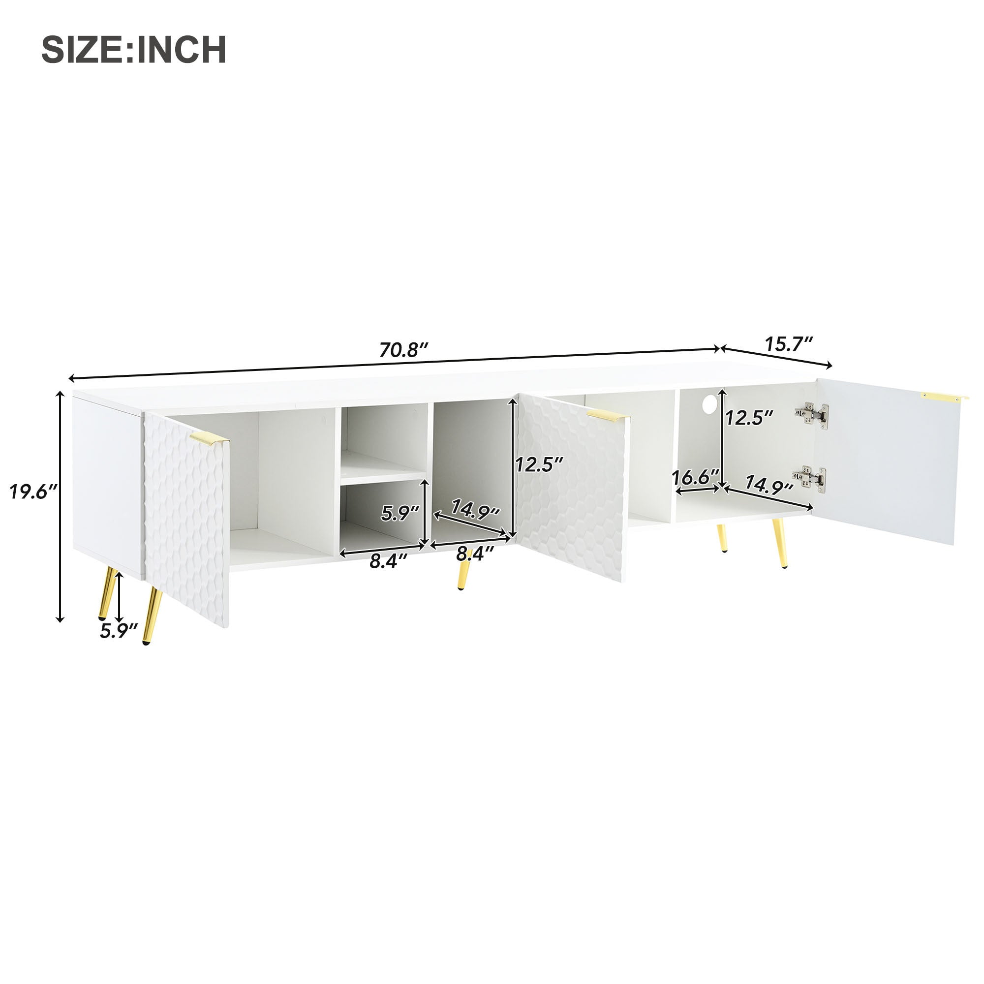 ON-TREND Modern Minimalist Geometric TV Cabinet with Metal Handles and Gold Legs for TVs Up to 80'', Multi-functional TV Stand with Storage Cabinets, Entertainment Center for Living Room, White