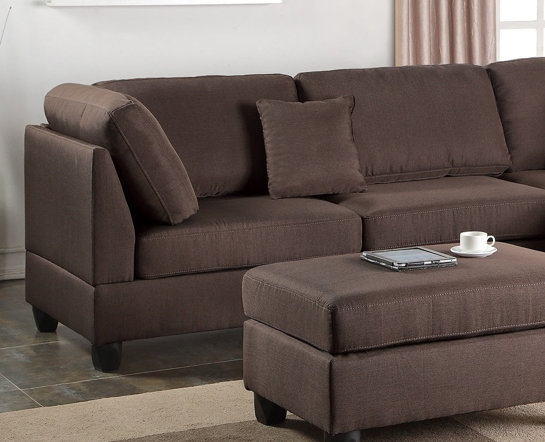 Reversible Chocolate Color 3pcs Sectional Linen Like Fabric Cushion Couch
