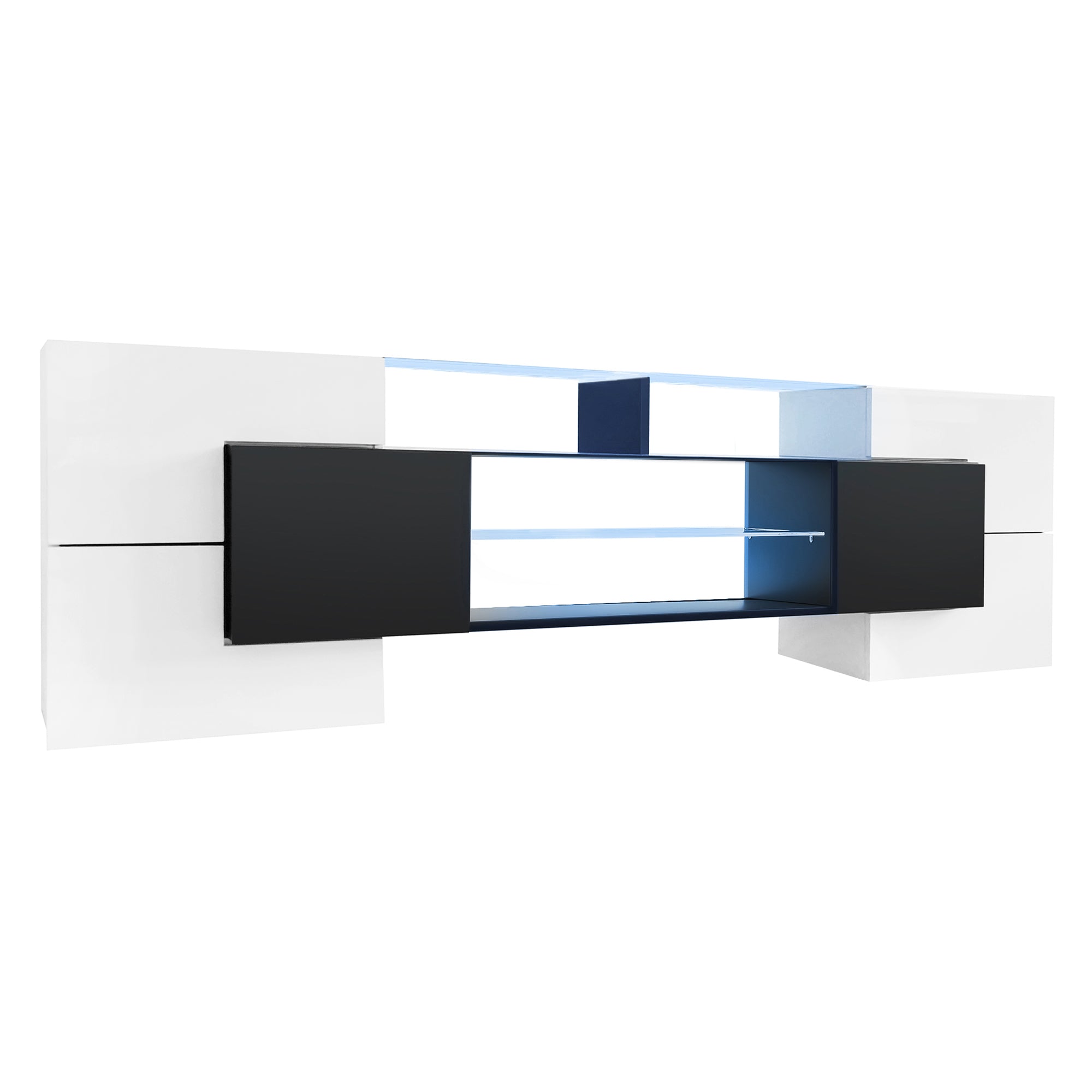 ON-TREND Unique Shape TV Stand with 2 Illuminated Glass Shelves, High Gloss Entertainment Center for TVs Up to 88", Versatile TV Cabinet with LED Color Changing Lights for Living Room, Black&White
