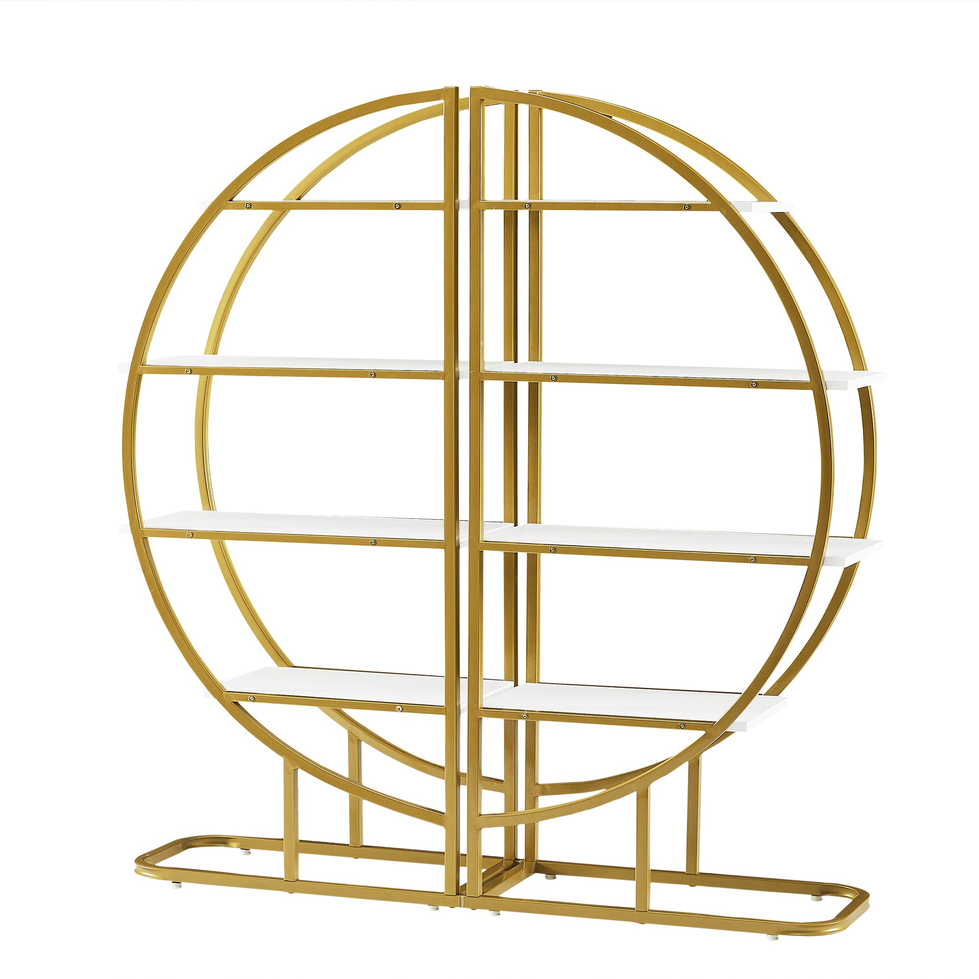 4 Tiers Home Office Open Bookshelf, Round Shape, Different Placement Ways, MDF Board, Gold Metal Frame, White