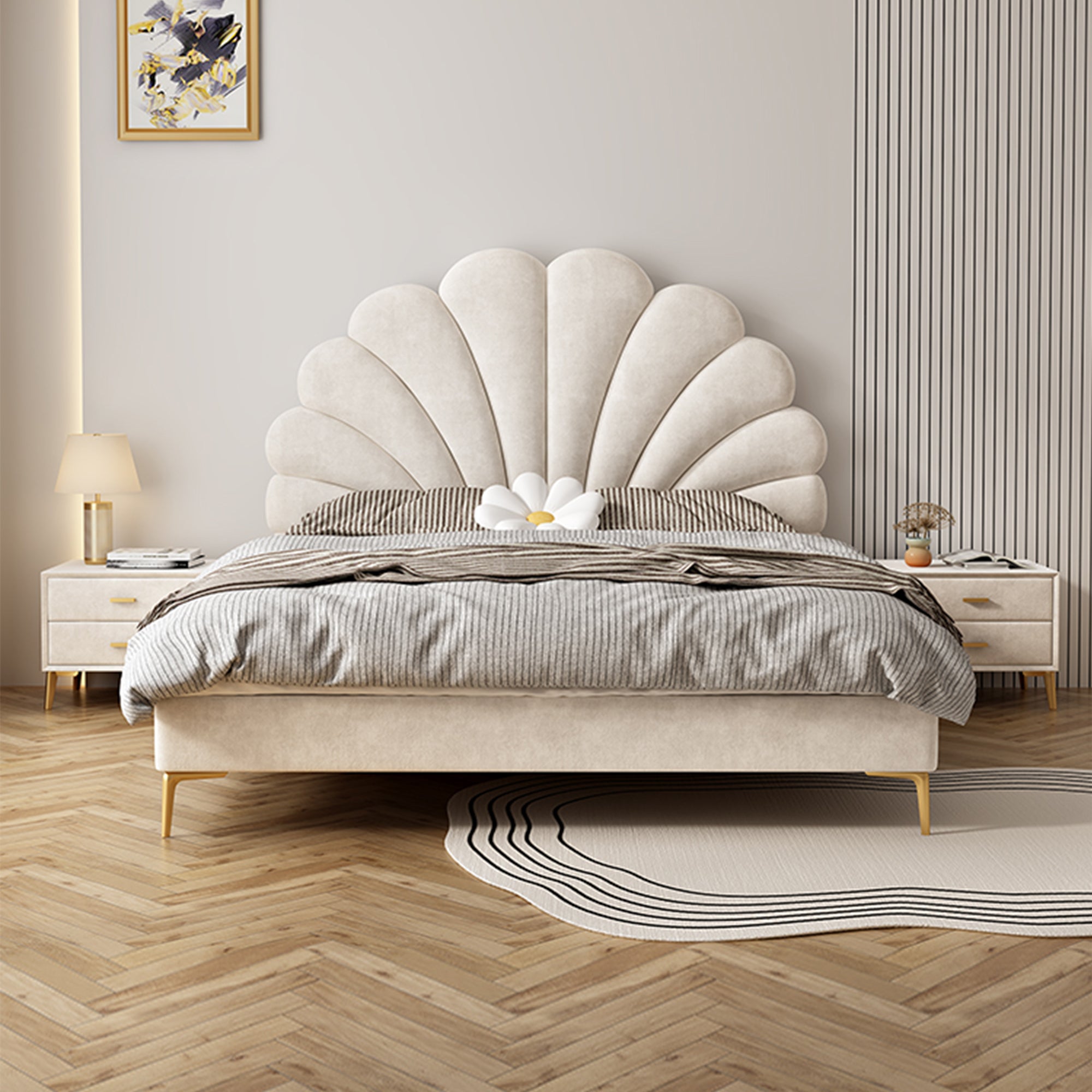 Modern Upholstered Leather Bed Frame with Petal shaped Headboard, Heavy Duty Platform Bed with Wood Slat Support