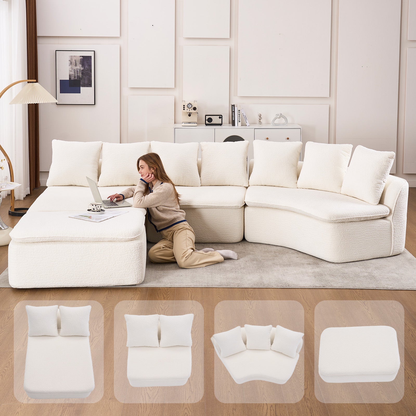 133'' Modular U-Shaped Sectional Compression Sofa with Removable Recliner Module White Woodgrain Chenille Boneless Ideal for Large Living Rooms or Bedrooms Flexible Configuration for a Versatile