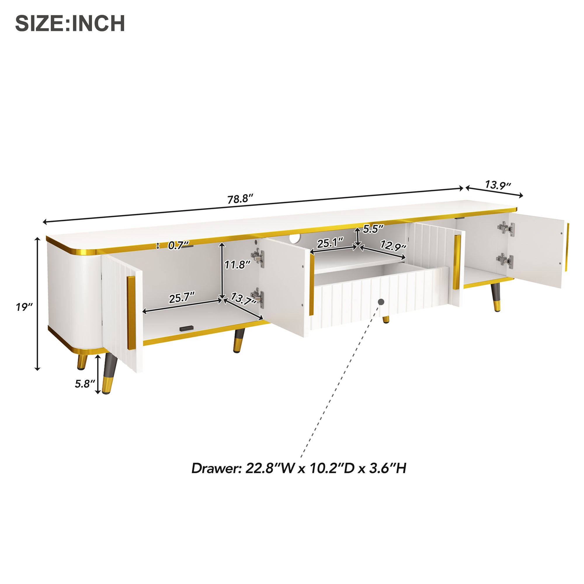 ON-TREND Luxury Minimalism TV Stand with Open Storage Shelf for TVs Up to 85", Entertainment Center with Cabinets and Drawers, Practical Media Console with Unique Legs for Living Room, White