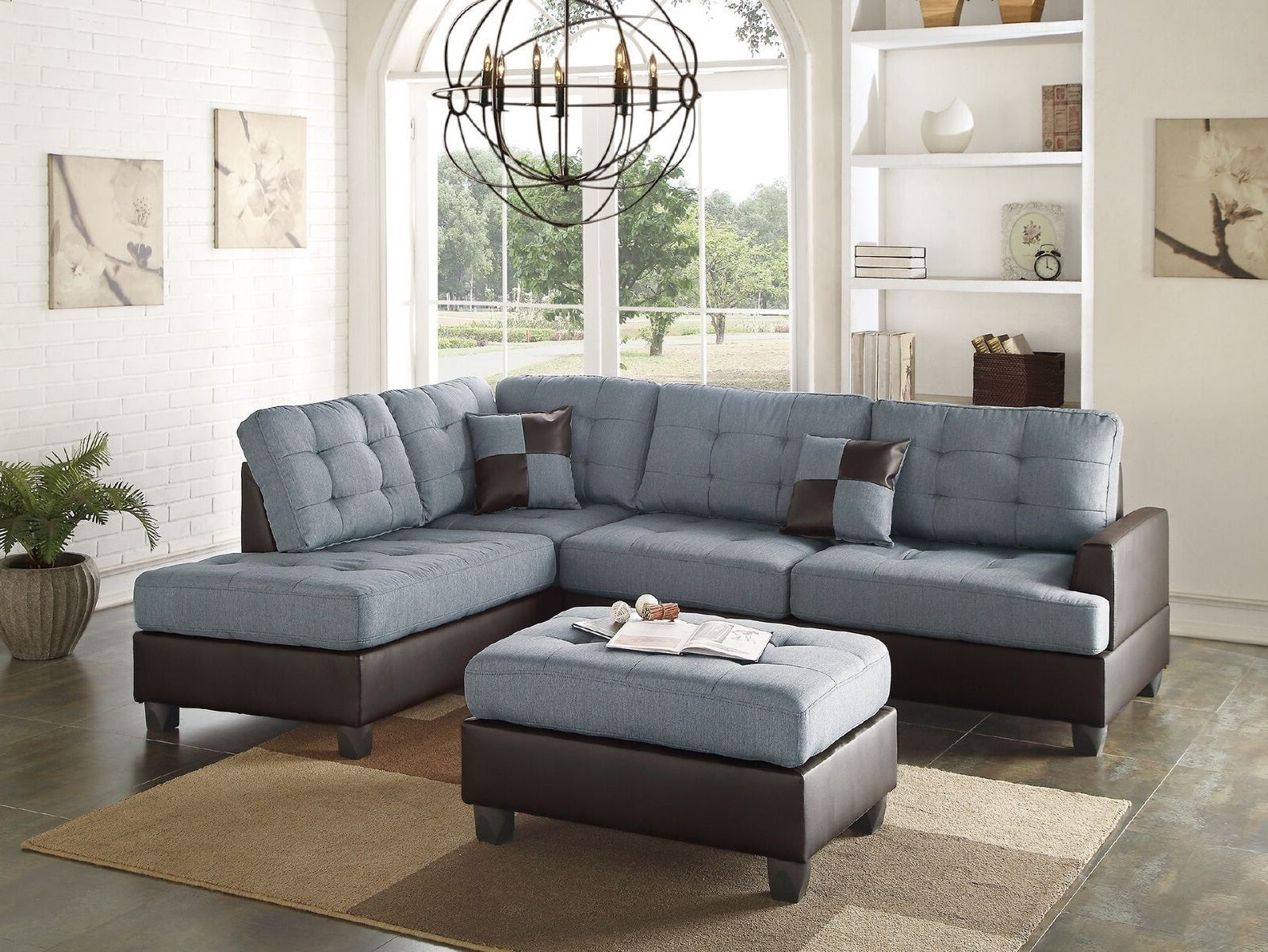 3pc Contemporary Sectional Grey Linen Like Fabric Cushion Tufted Reversible