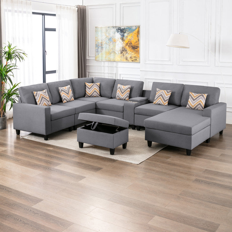Nolan Gray Linen Fabric 8Pc Reversible Chaise Sectional Sofa with Interchangeable Legs, Pillows, Storage Ottoman, and a USB, Charging Ports, Cupholders, Storage Console Table