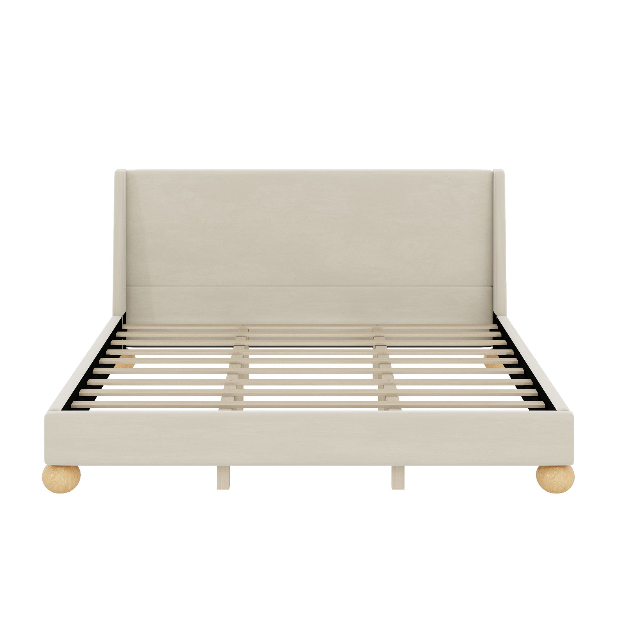 Modern Velvet Upholstered Platform Bed with Wingback Headboard and Round Wooden Legs, Cream,King Size