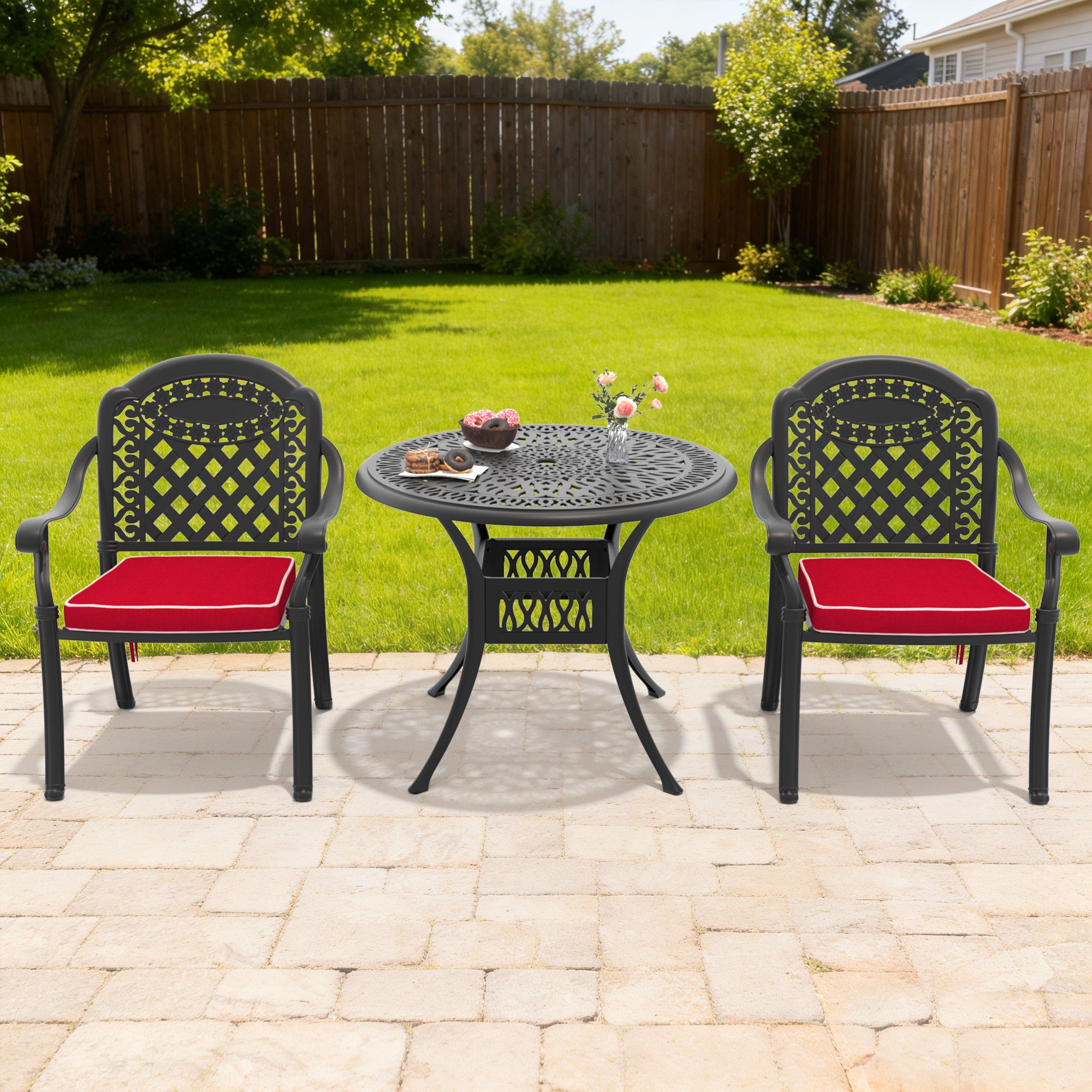 3-Piece Set Of Cast Aluminum Patio Furniture With Red Cushions