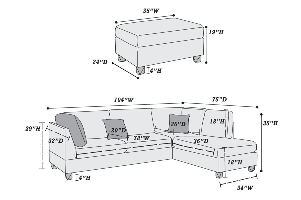 Grey Linen 3pcs Reversible Chaise And Ottoman