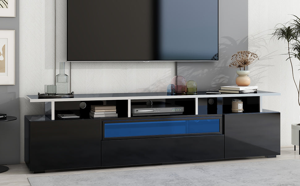 ON-TREND Modern TV Stand with Push to Open Doors, UV High-Gloss Entertainment Center with Acrylic Board for TVs Up to 80", Stylish TV Cabinet with LED Color Changing Lights for Living Room, Black