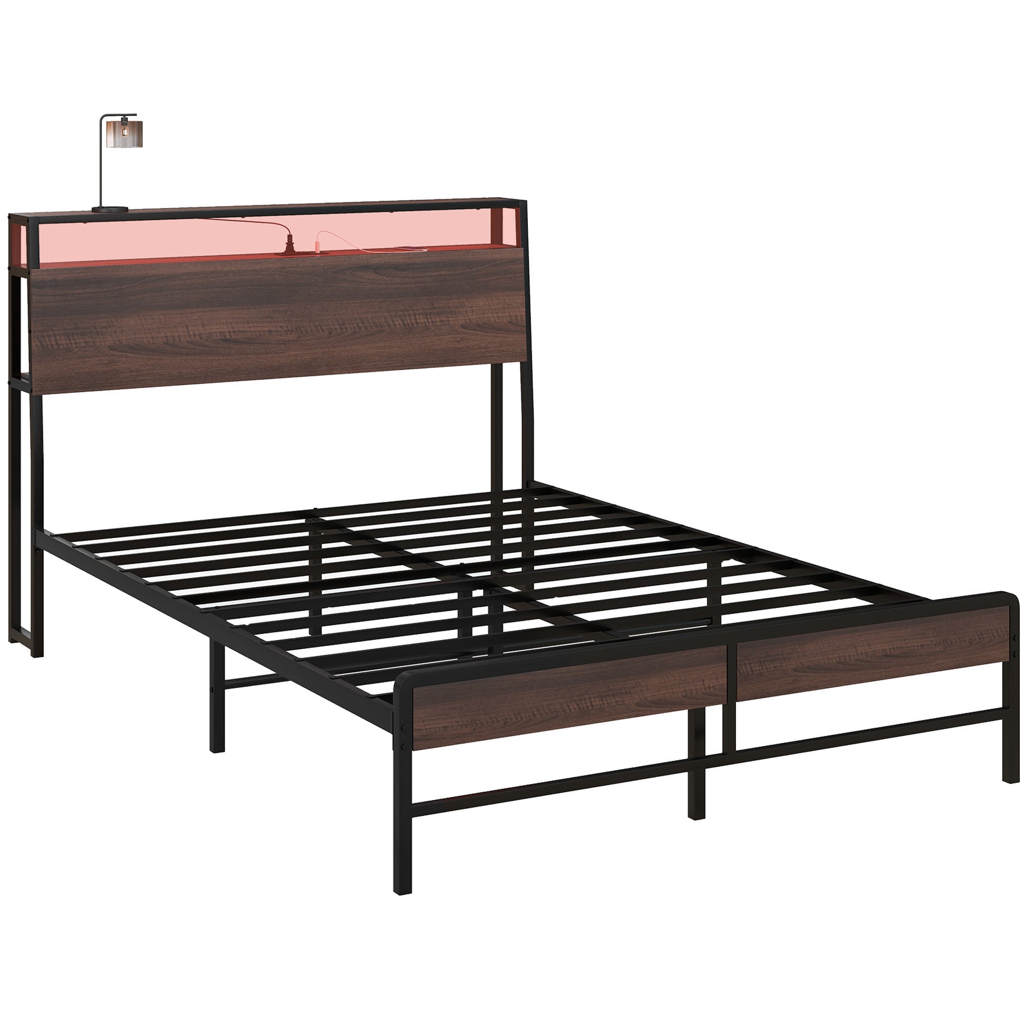HOMCOM Full Size Bed Frame with Headboard, Platform Bed Frame with LED Lights, Charging Station, 3-Tier Storage Shelf, Steel Slats, Easy Assembly & Noise-Free with No Box Spring Needed, Walnut