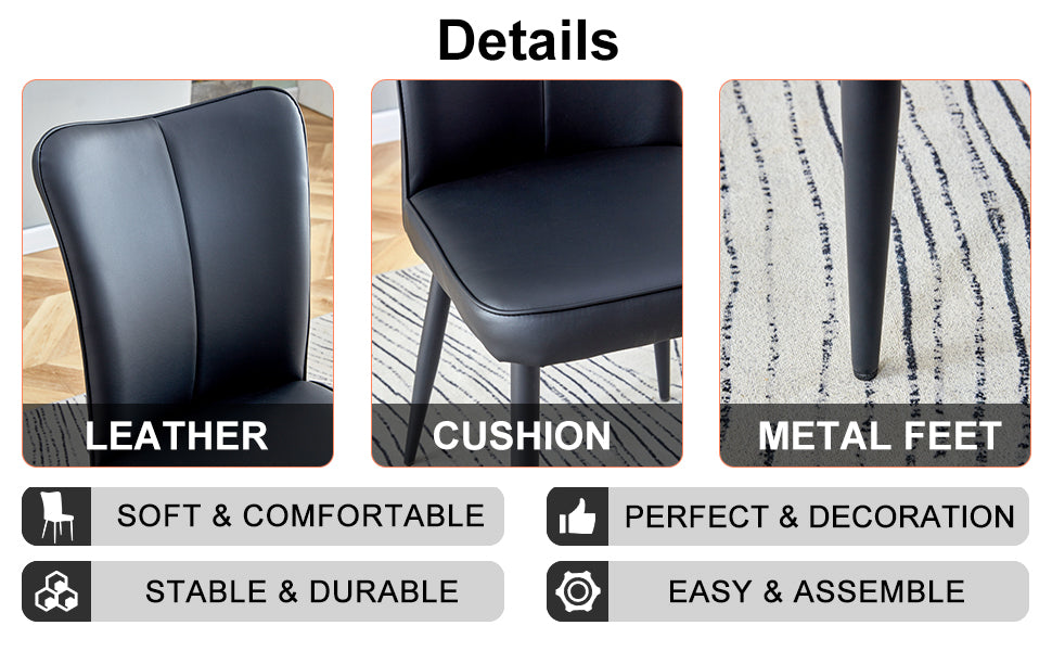 Table and chair set. 1 table and 6 black chairs. Glass dining table with 0.31-inch tempered glass tabletop and black coated metal legs. Equipped with black PU chairs 1123 008