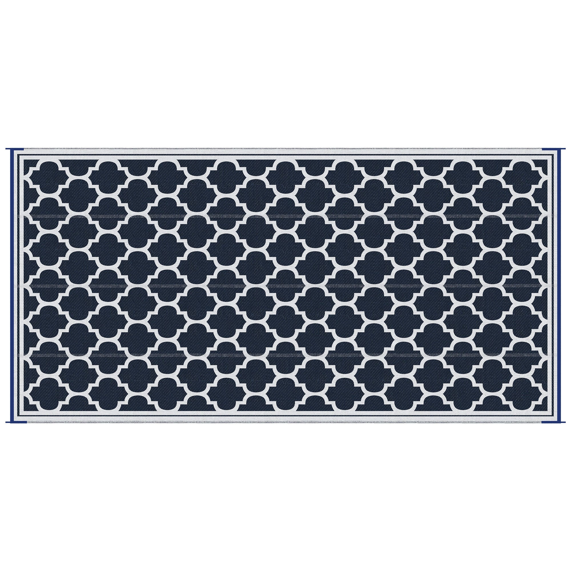 Outsunny Reversible Outdoor Rug Carpet, 9' x 18' Waterproof Plastic Straw Rug, Portable RV Camping Rugs with Carry Bag, Large Floor Mat for Backyard, Deck, Picnic, Beach, Blue & White