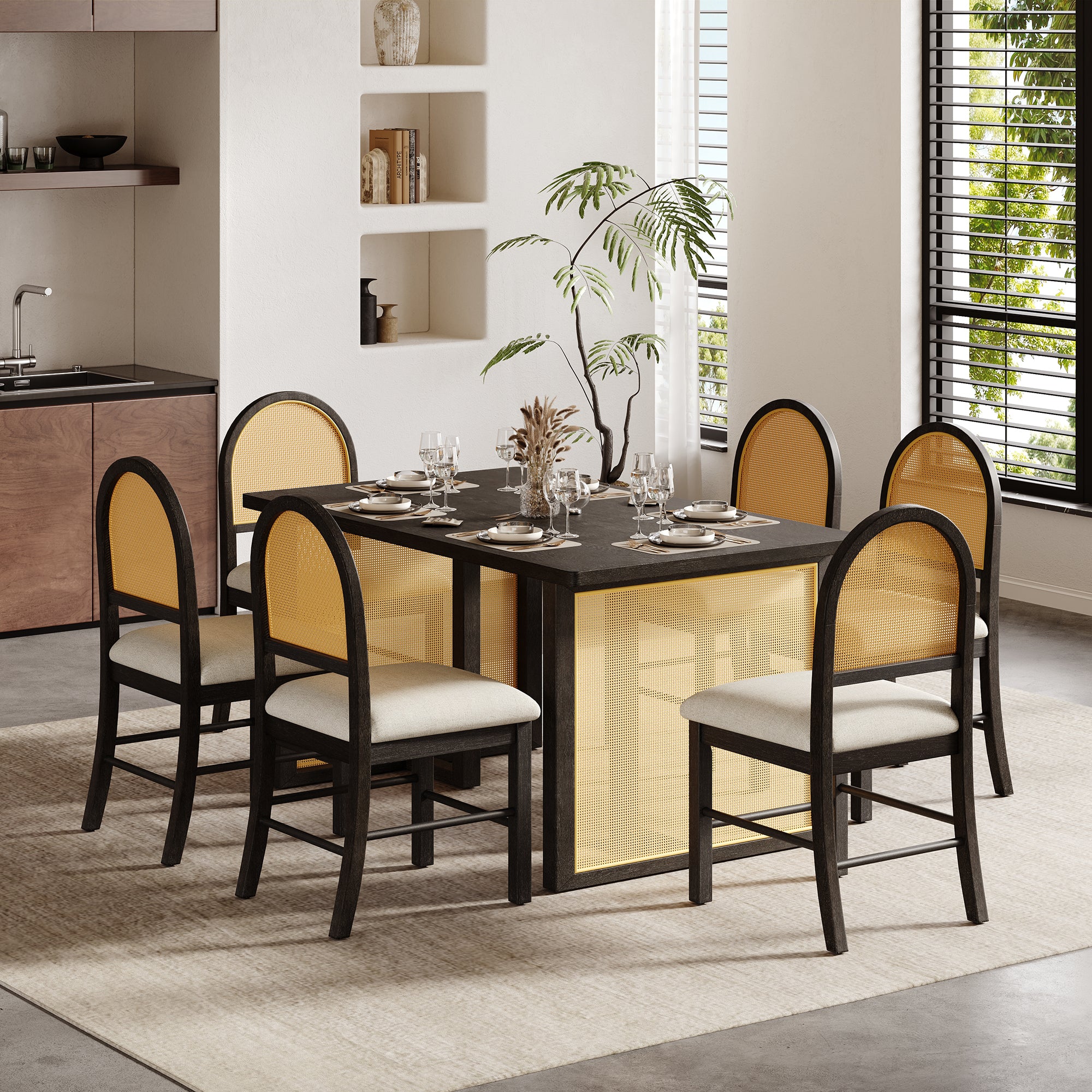 TREXM 7-Piece Farmhouse Dining Table Set for 6 - 59.8' Rectangular Dining Table with Distressed Oak Veneer and 6 Rattan Chairs, Rustic Kitchen Furniture for Dining Room(Espresso)
