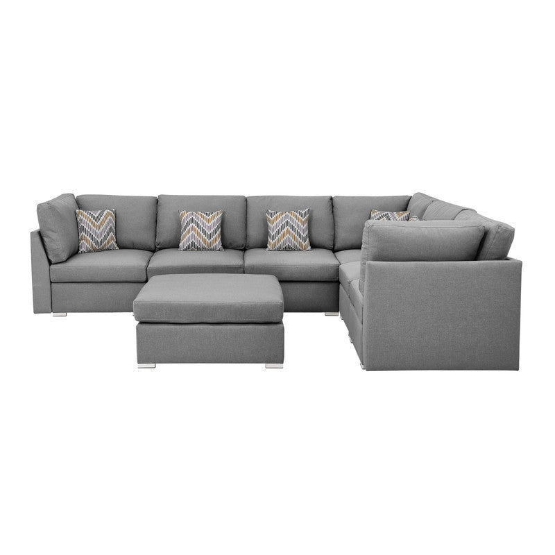 Amira 120.5" Gray Fabric Reversible Modular Sectional Sofa with Ottoman and Pillows