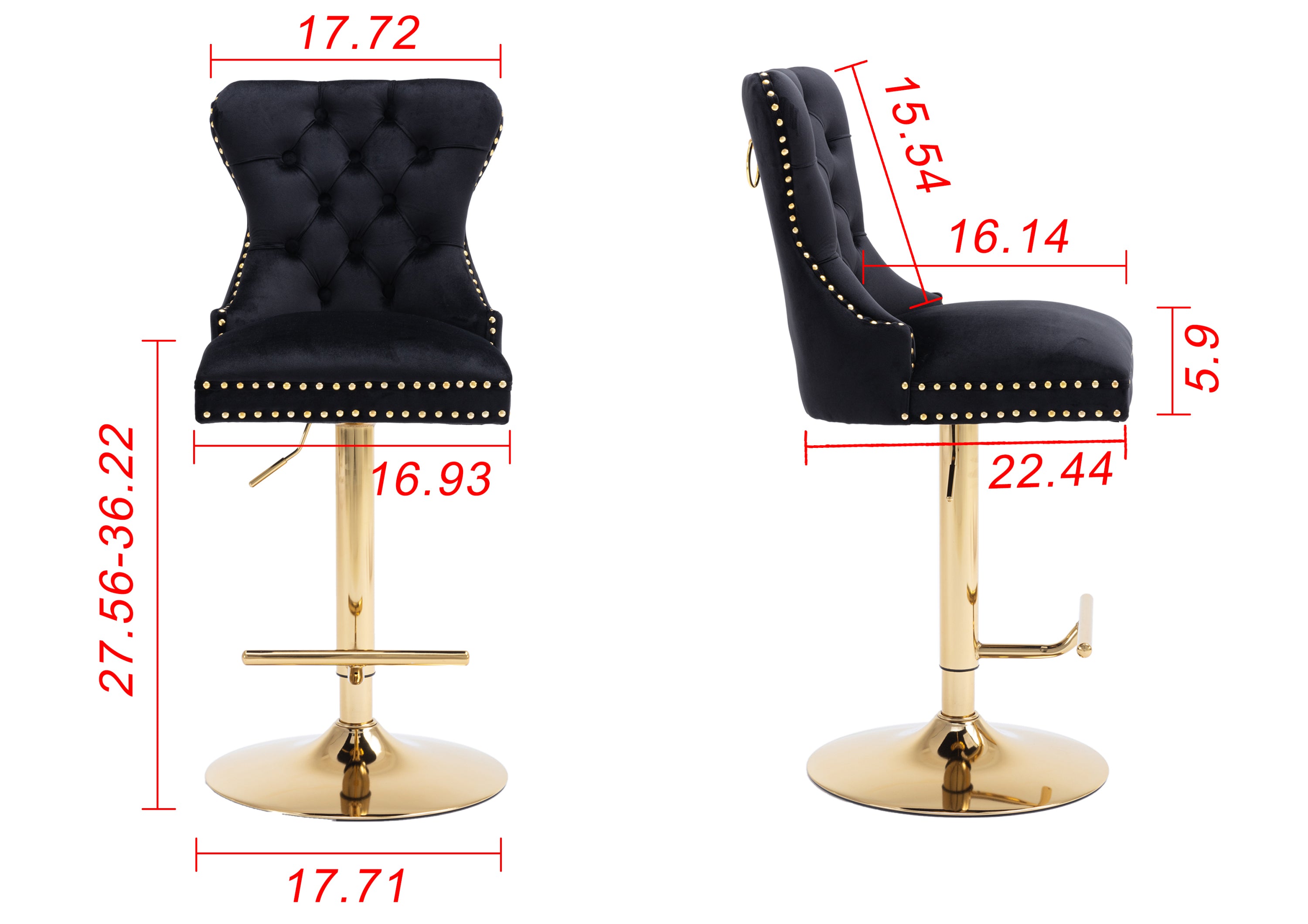 Swivel Bar Stools Chair Set of 2 Modern Adjustable Counter Height Bar Stools, Velvet Upholstered Stool with Tufted High Back & Ring Pull for Kitchen , Chrome Golden Base, Black
