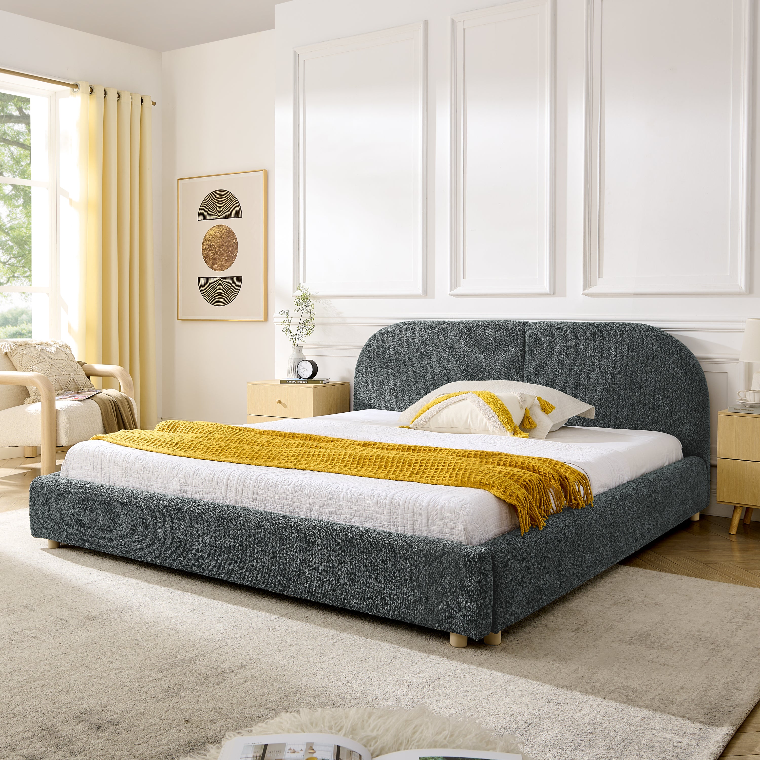 Queen Size Upholstered Bed Frame, Modern Minimalist Style with Tall Curved Headboard, Premium Circle Yarn Fabric & Sturdy Leg Support, Mattress Not Included-Dark Gray