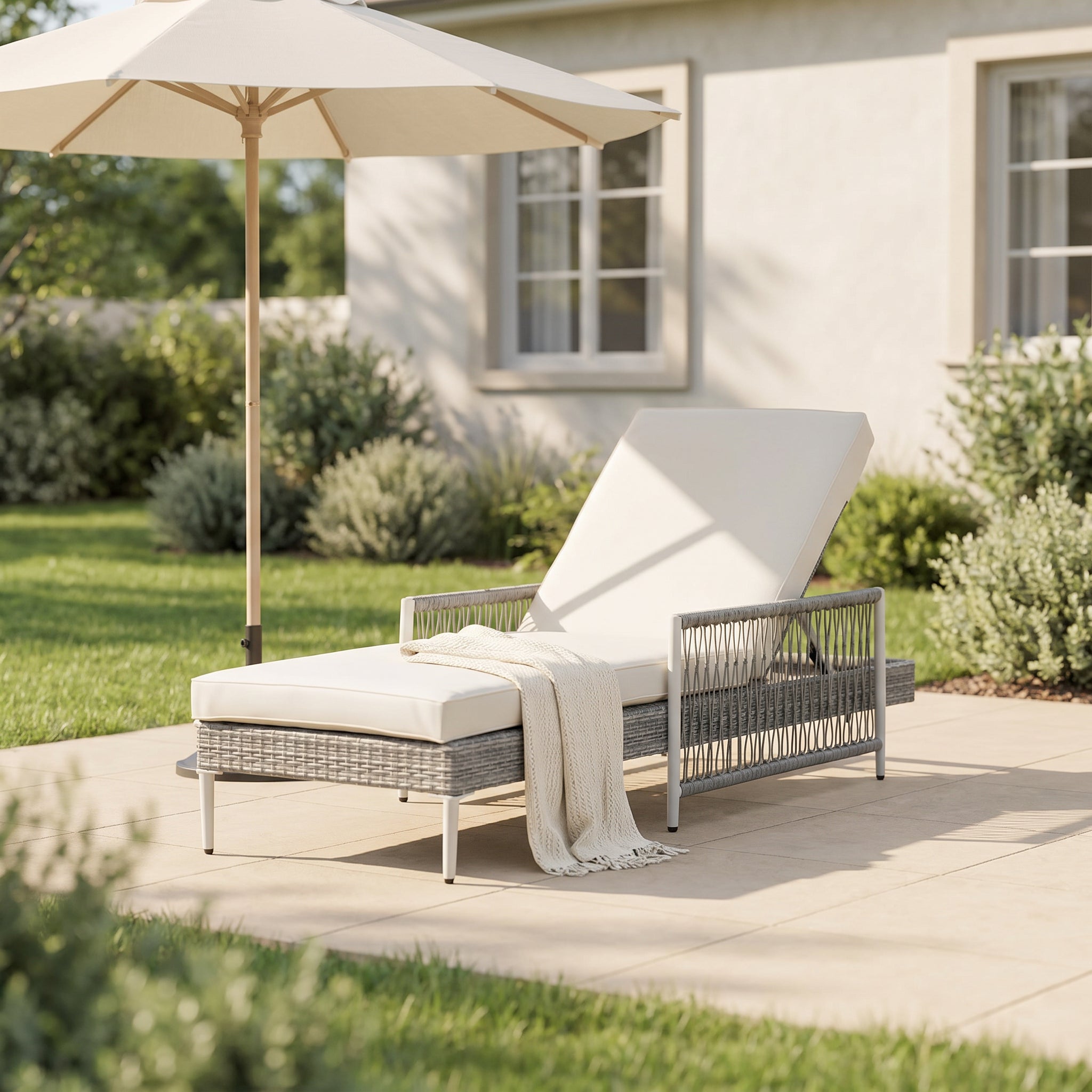 TOPMAX Outdoor All-Weather PE Rattan Chaise Lounge, Minimalist Patio Wicker Lounge Chair with 6 Gear Adjustable Recliner, Arms and Cushion for Poolside, Deck, Grey