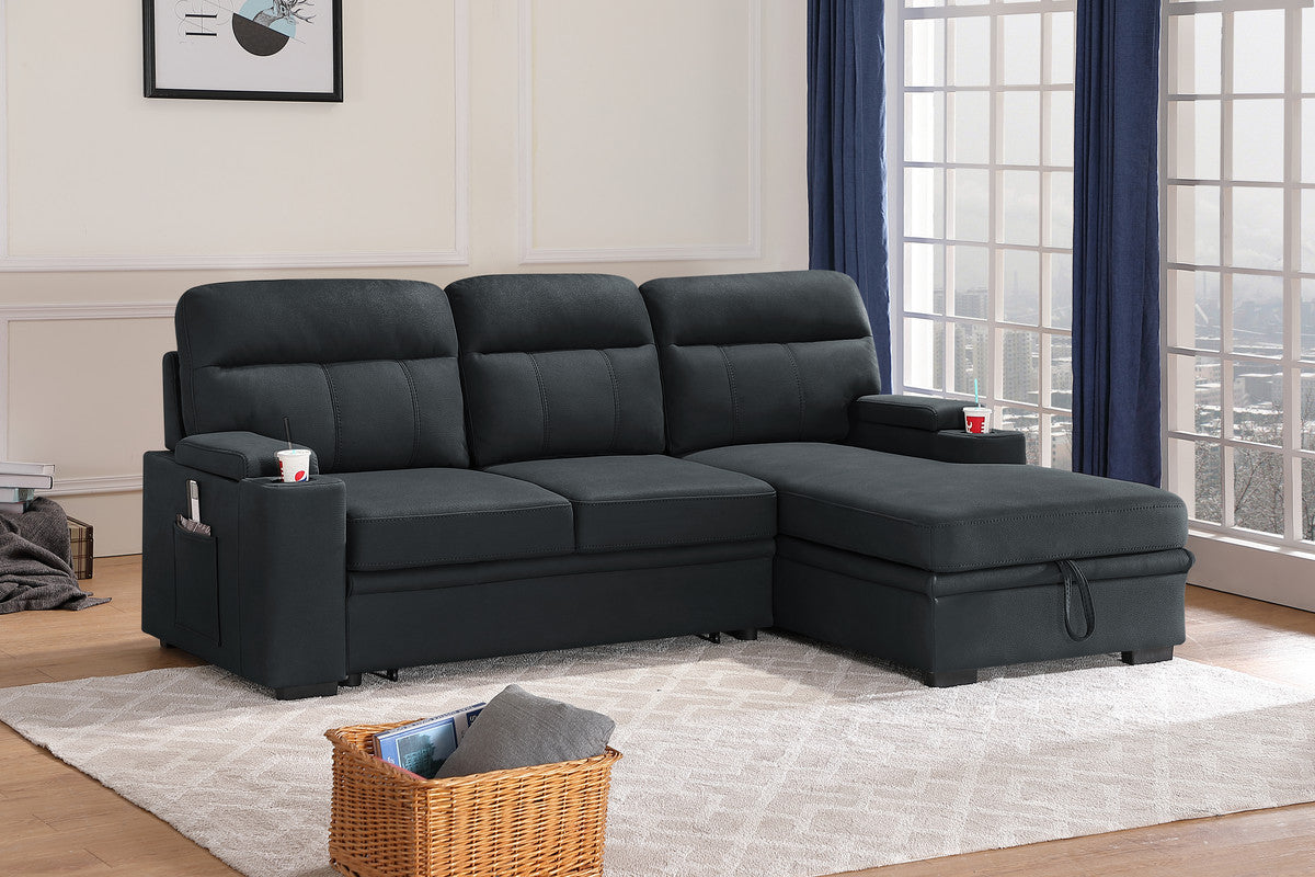 Kaden 94' Black Fabric Sleeper Sectional Sofa Chaise with Storage Arms and Cupholder