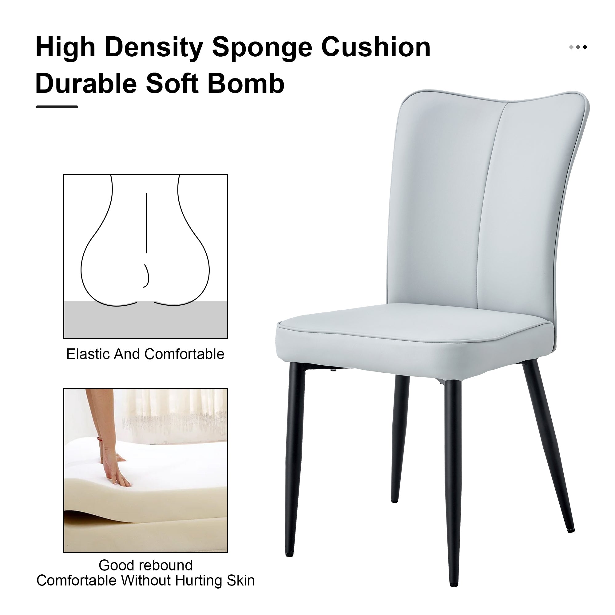 Table and chair set. 1 table and 6 light grey chairs. Glass dining table with 0.31-inch tempered glass tabletop and black coated metal legs. Equipped with light grey PU chairs 1123 008