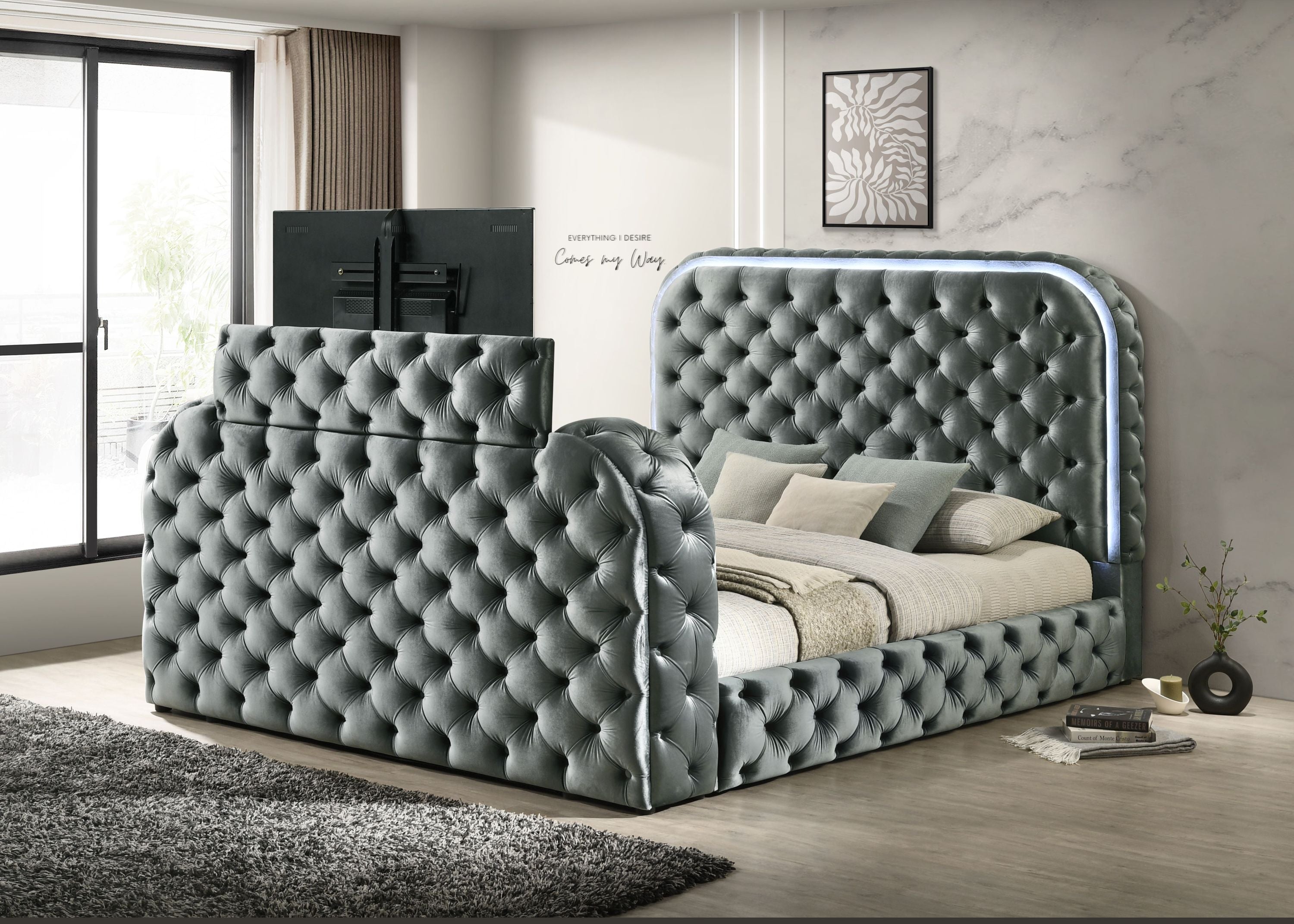 Kana Gray Upholstery Velvet Queen Bed w/LED, Fireplace & TV Stand